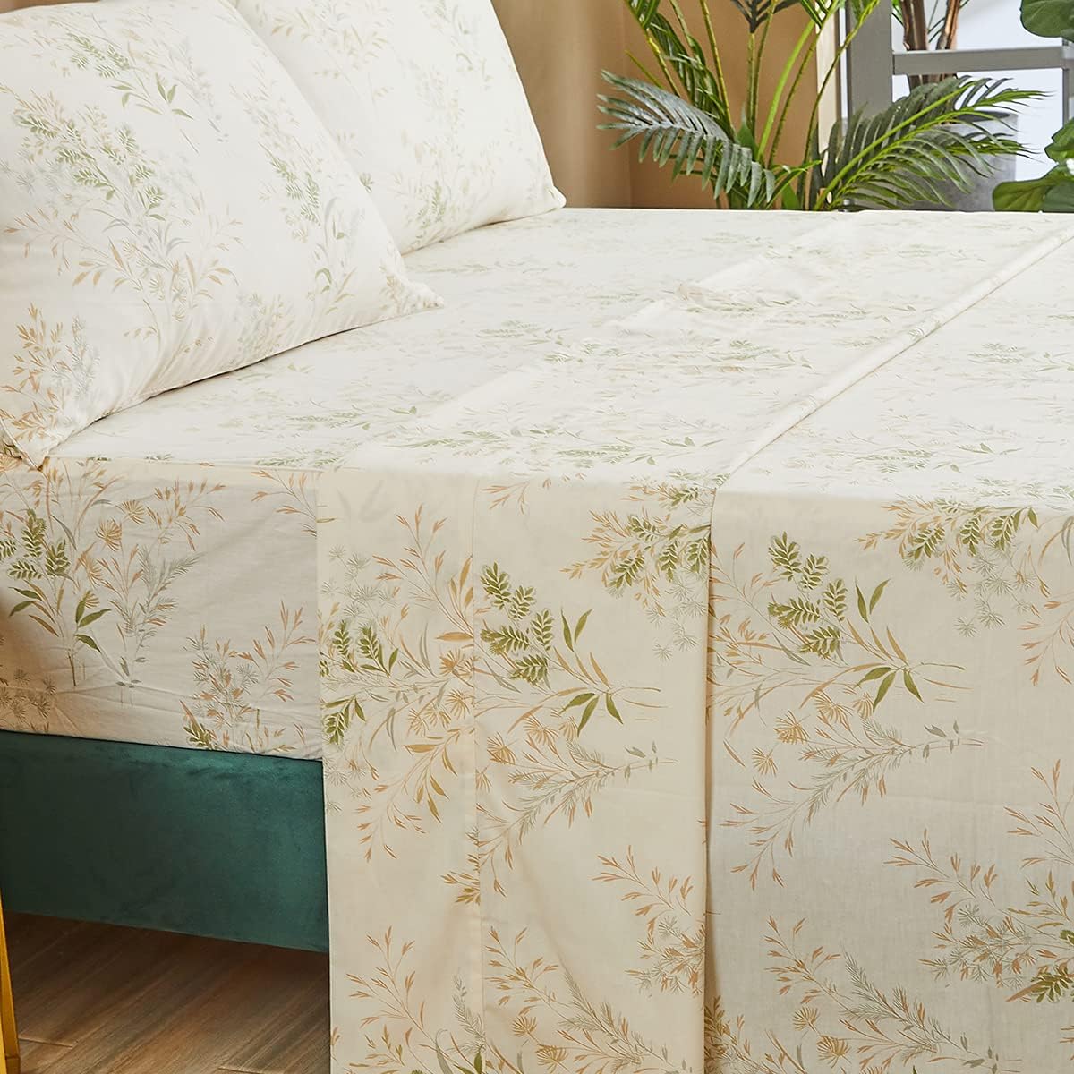 FADFAY Juego de sábanas tamaño California King, juego de sábanas de hojas florales, 100% algodón de 600 hilos, ropa de cama de flores verdes y