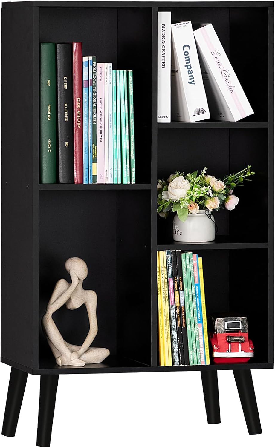 YAHARBO Small Black Narrow Bookshelf,3 Tier Modern Bookcase with Legs,Bookshelves Wood Storage Shelf,Rustic Book Shelves Cube Organizer,Display