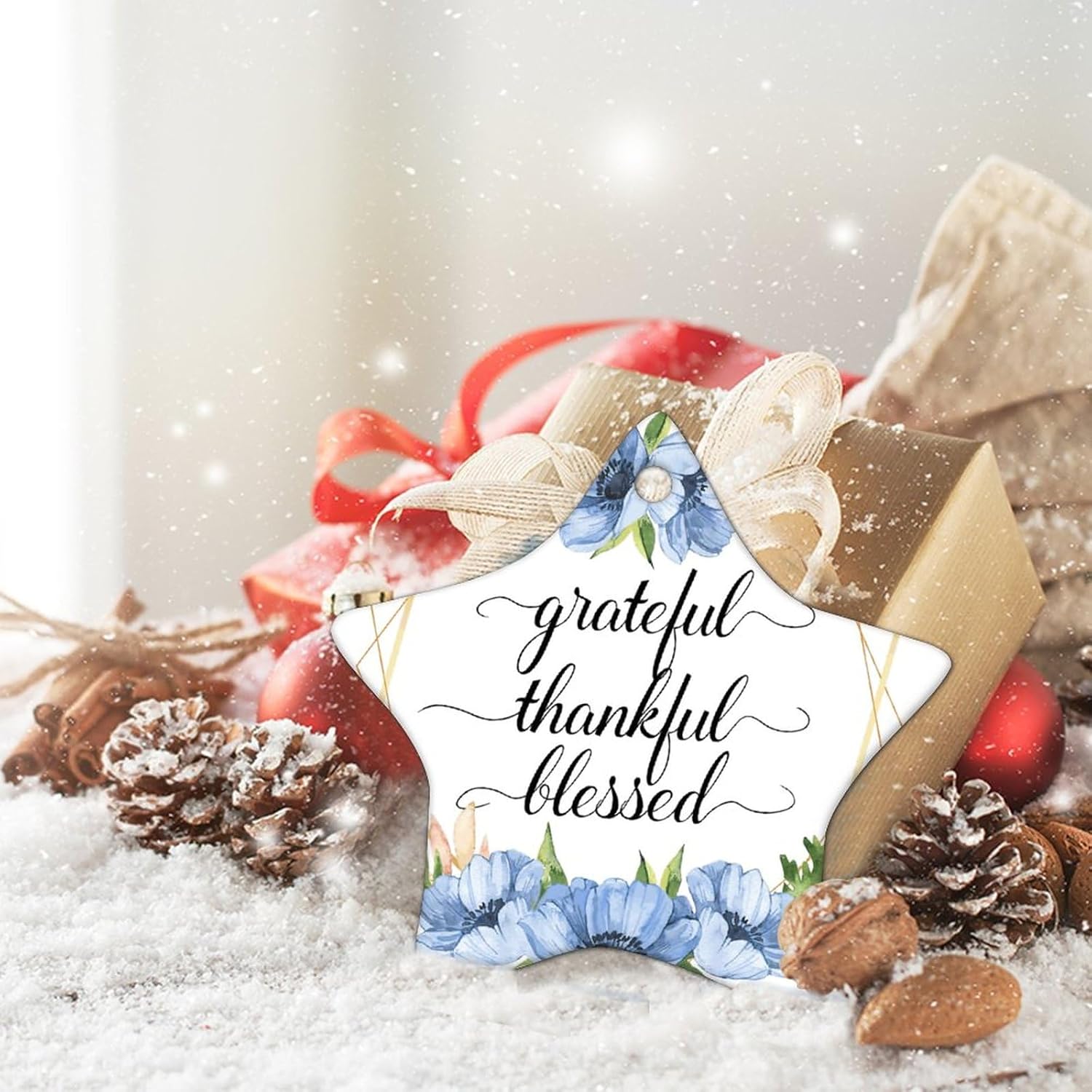 Corona floral Grateful Thankful Blesed, adorno decorativo de estrella plana de cerámica para decoración de árbol de Navidad, adorno de compromiso de