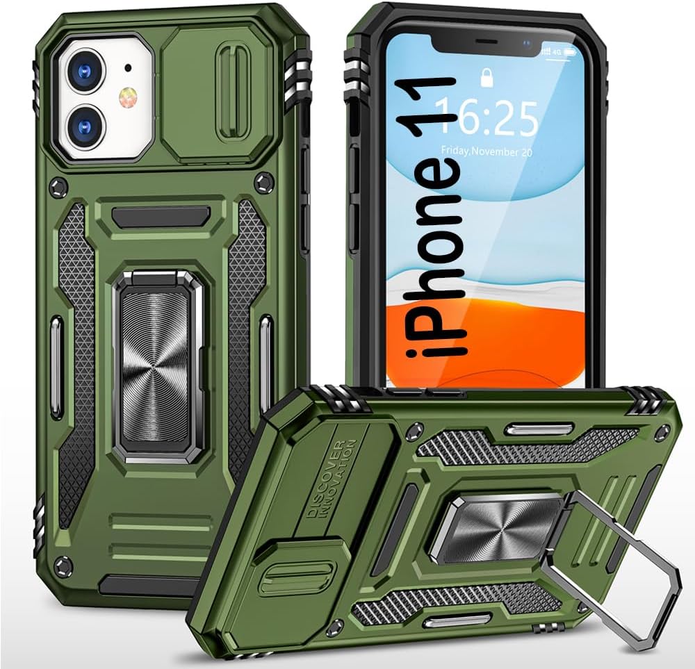 PASNEW Funda para iPhone 11 con protección de lente, rotación de 360, anillo manético, cubierta de cámara militar, cuerpo completo, a prueba de