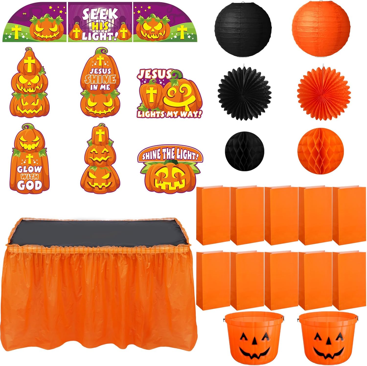 Juego de 29 piezas de decoración de maletero o regalo de Halloween con temática religiosa para auto, borde cristiano, cubeta de calabaza, bolsa de