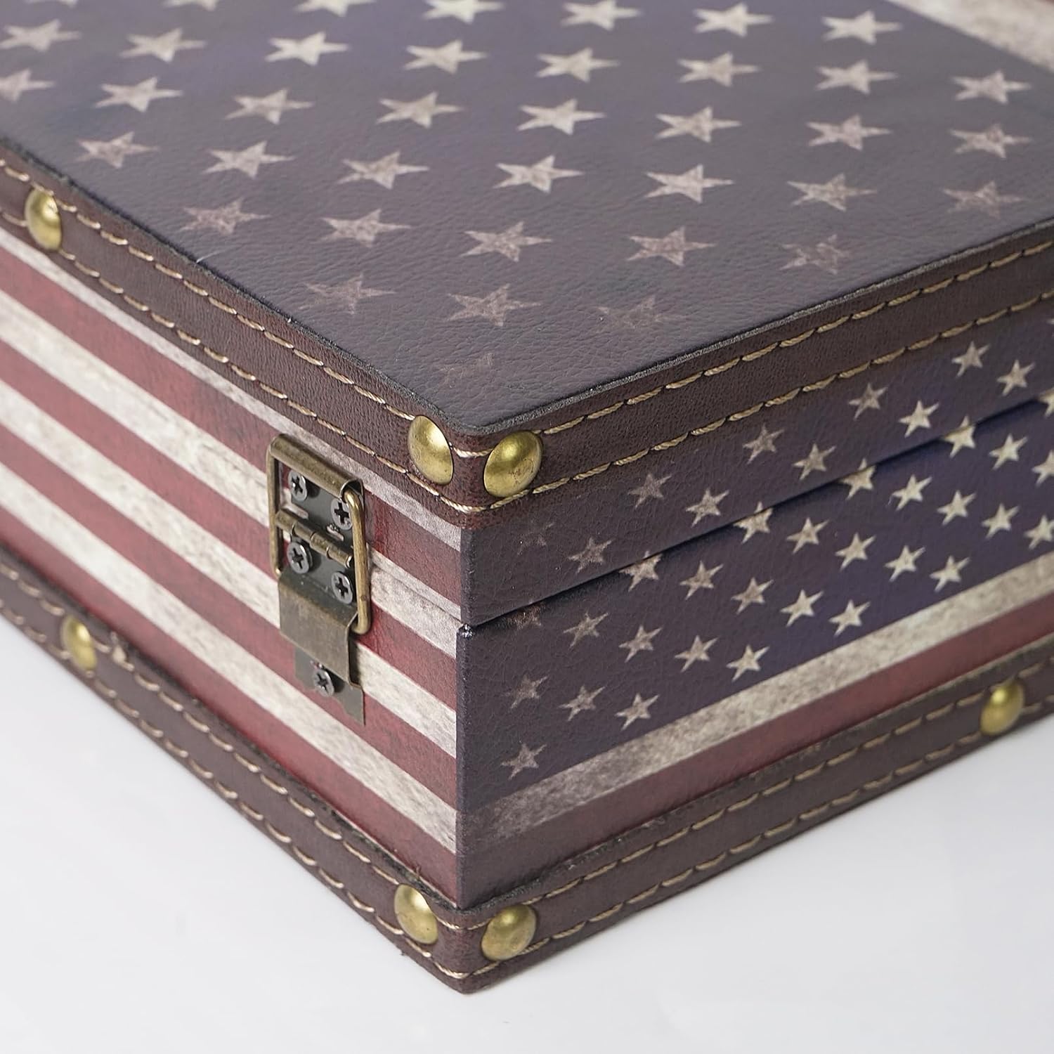 Caja de almacenamiento de madera de la bandera estadounidense, caja del tesoro vintage con pestillo, cajas decorativas de recuerdo para regalos y