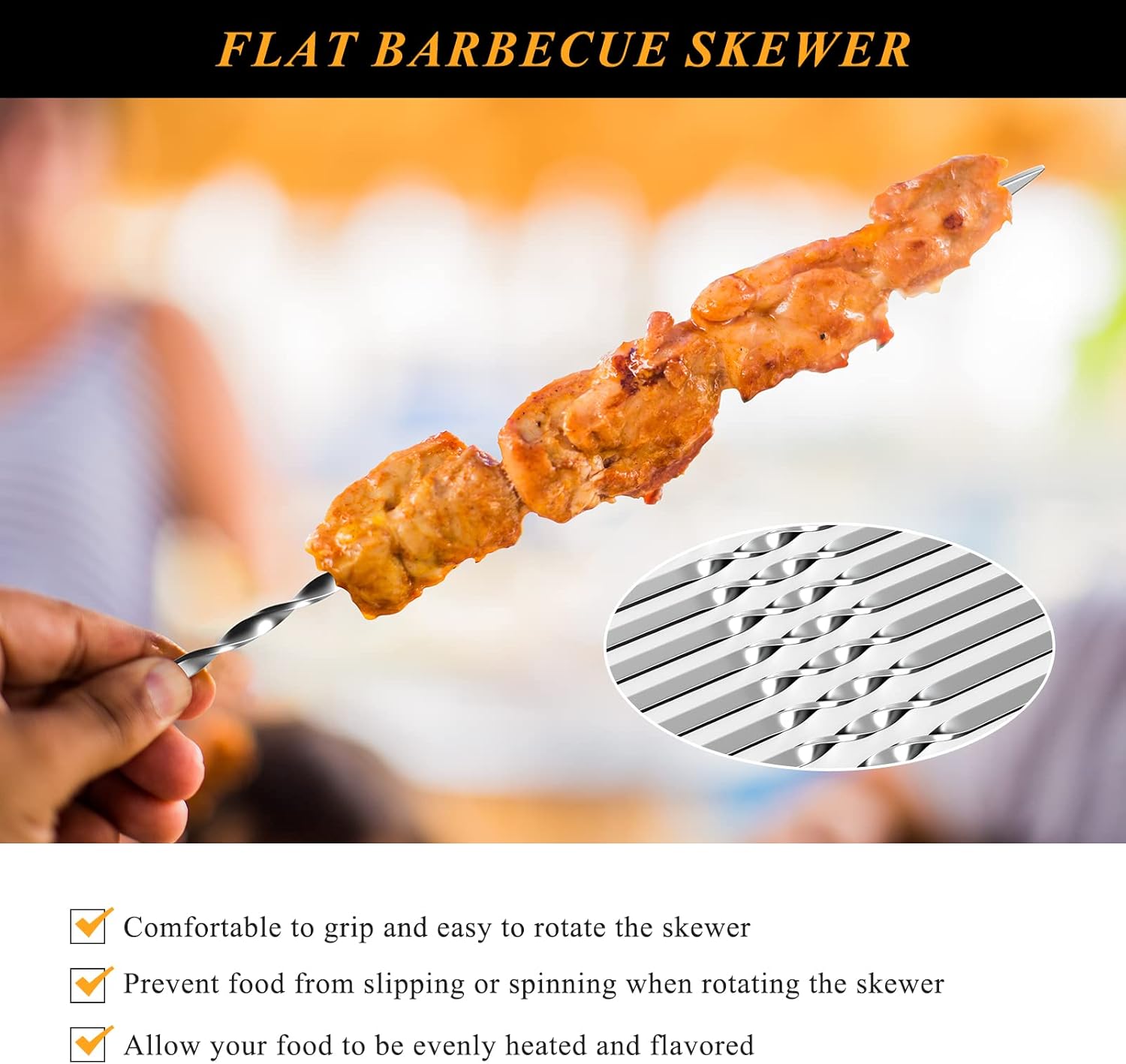 50 brochetas de metal plano para barbacoa de 14.8 pulgadas de largo de acero inoxidable, palitos de kebob anchos reutilizables para cocinar al aire