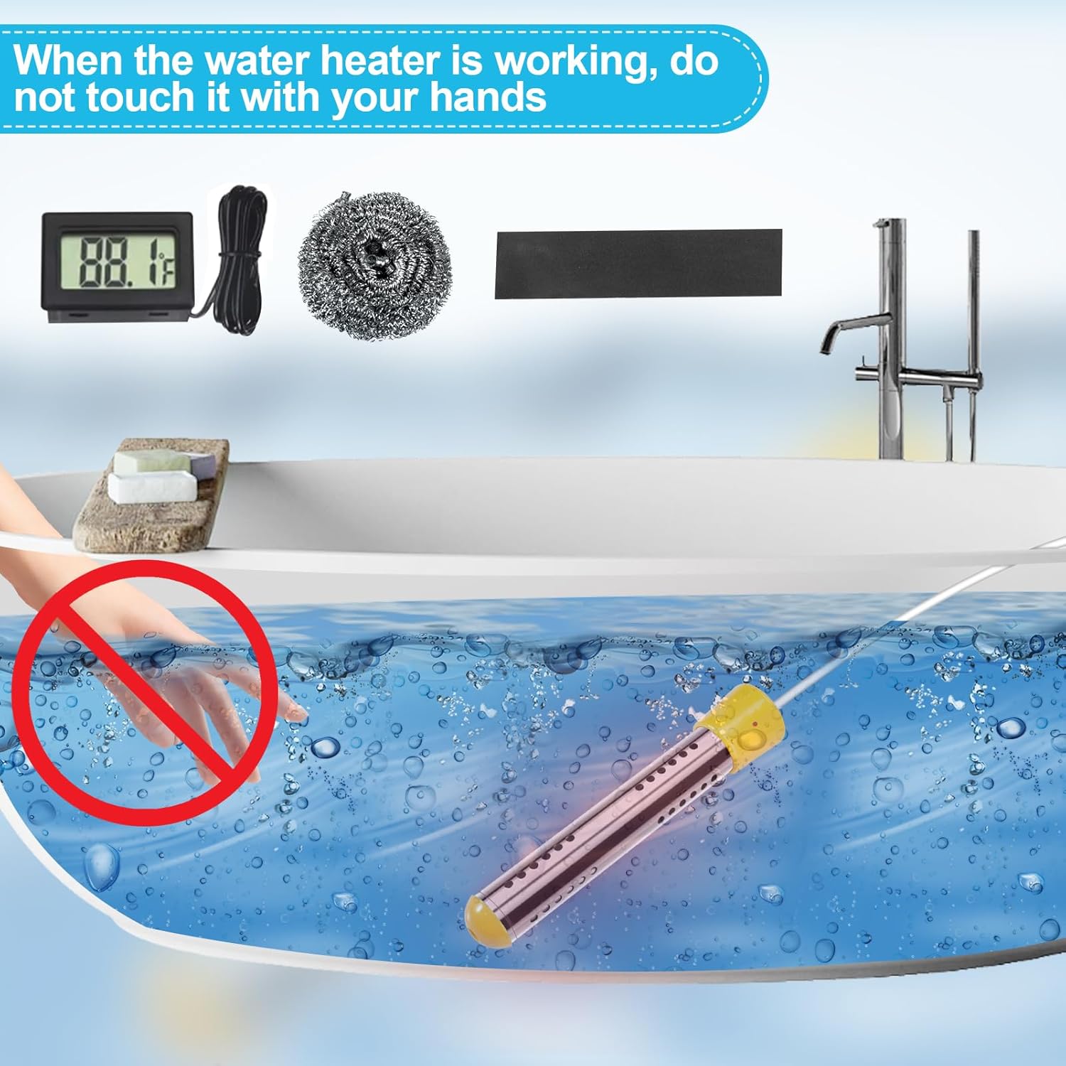 Calentador de agua portátil de inmersión para piscina inflable, calentador de cubo con protector 304 SS y termómetro LCD. Función de apagado