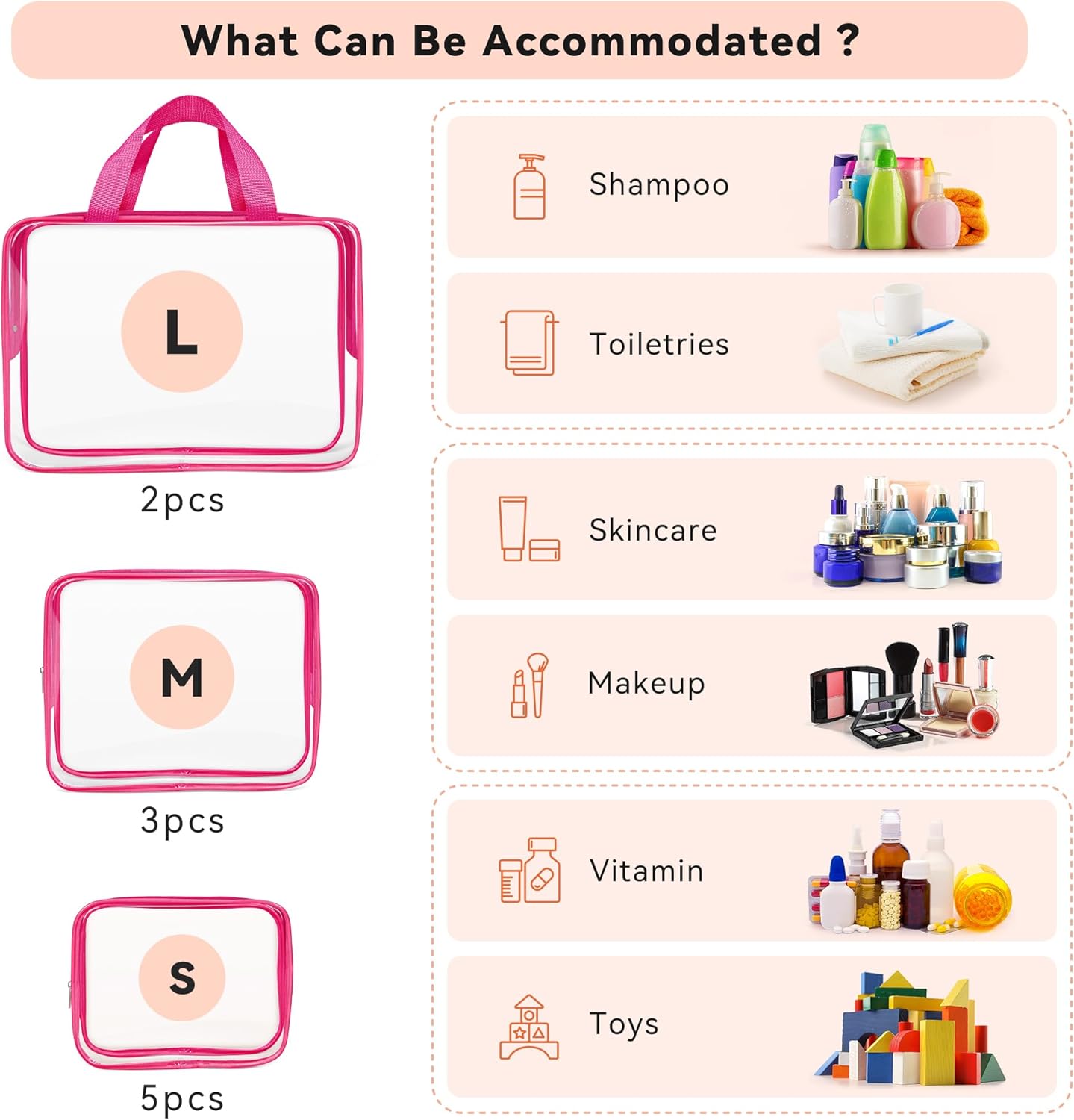 10 piezas de maquillaje de viaje transparente, plástico PVC cosmético aprobado por la TSA kit organizador con cremallera bolso, Rosa Rojo