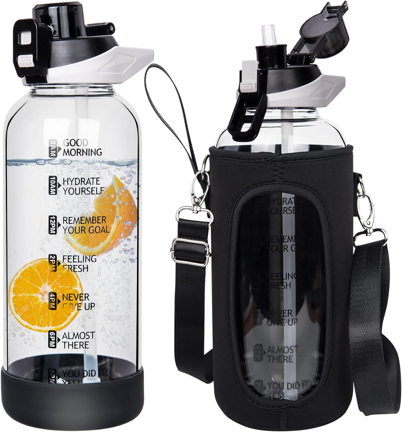 Botella de agua deportiva grande de 48 onzas con popote y marcador de tiempo, botella de vidrio motivacional para uso diario con correa para agua