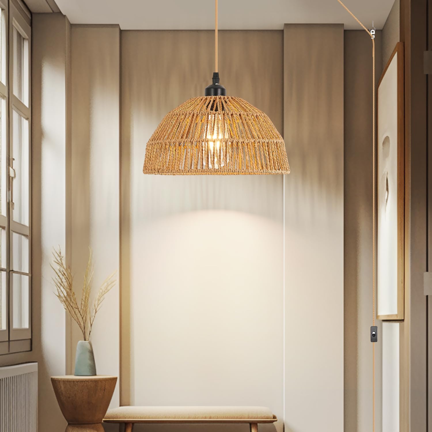 Worderdeng – Lámpara colgante de ratán enchufable, luces colgantes de 14.7 pies con estilo bohemio, lámpara colgante con pantalla de cuerda de
