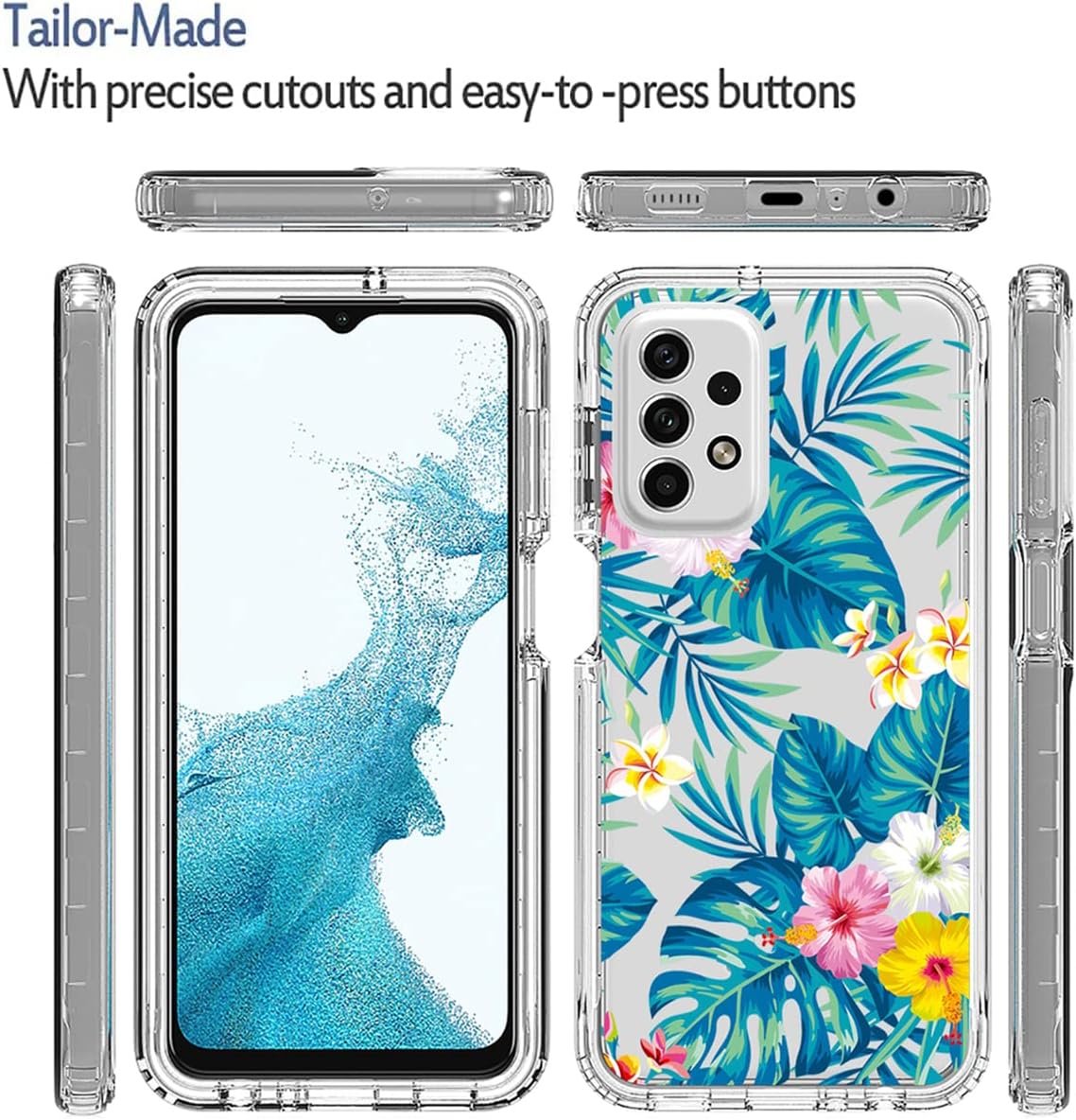 Funda para Galaxy A23, Samsung A23 SM-A235M con protector de pantalla de vidrio templado, funda protectora de TPU transparente floral a prueba de