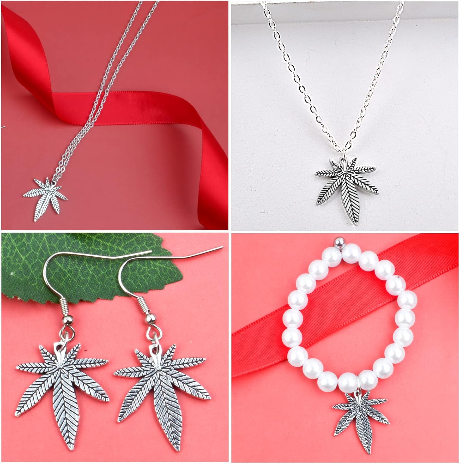 50 dijes de hoja de arce de marihuana de plata antigua, maceta médica, hojas de árbol de cannabis, colgantes para manualidades, aretes, collares,