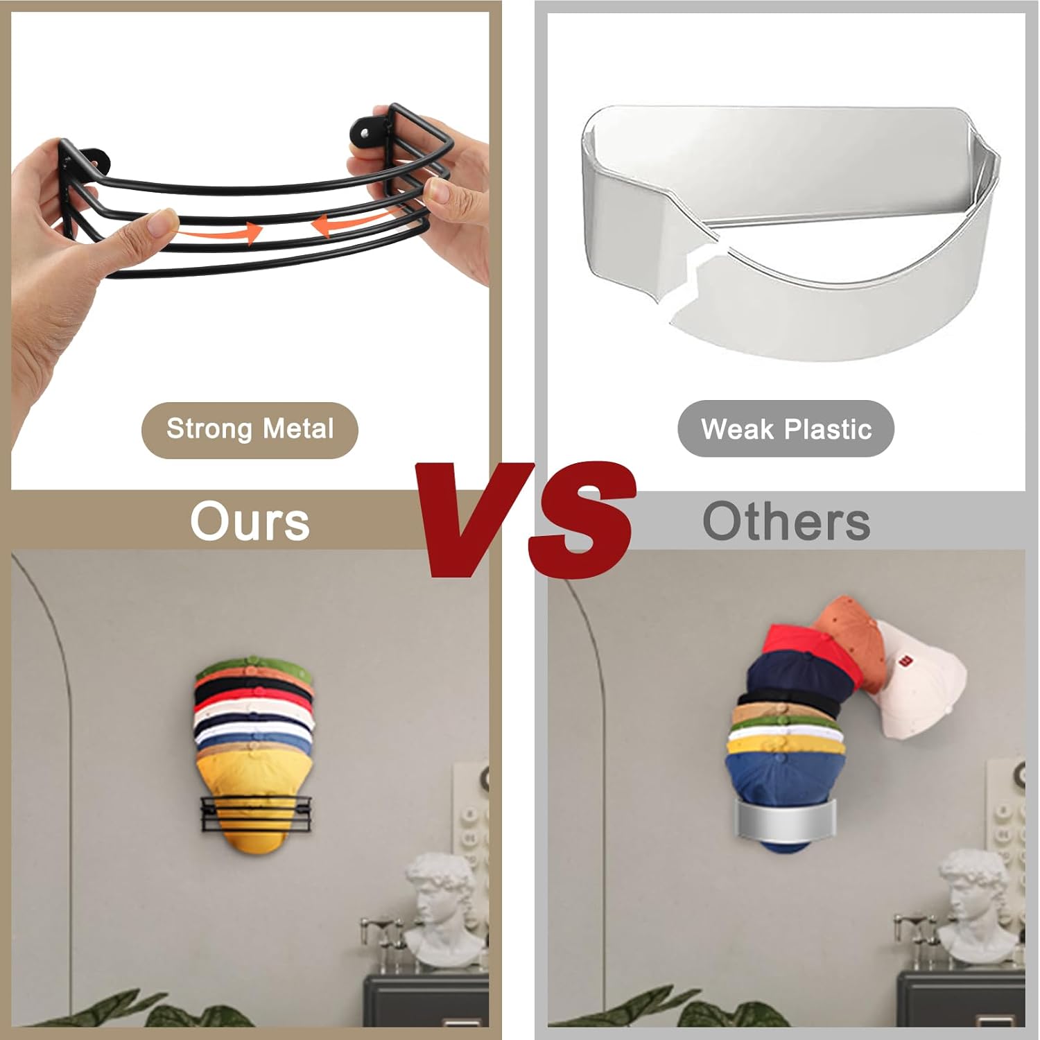 Perchero de pared para sombreros, paquete de 2 organizadores de sombreros para gorras de béisbol, perchas compactas para sombreros para exhibir