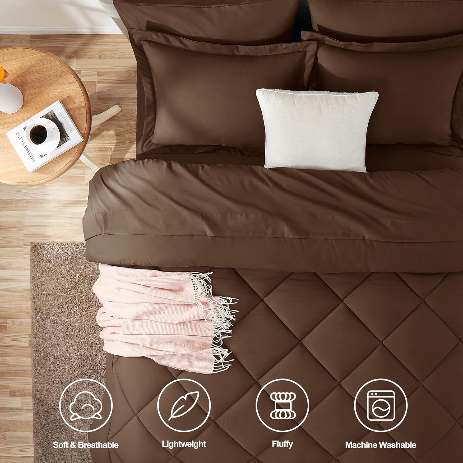 CozyLux Juego de edredón King con sábanas de 7 piezas, ropa de cama en una bolsa, color marrón, para todas las estaciones, con edredón, fundas de