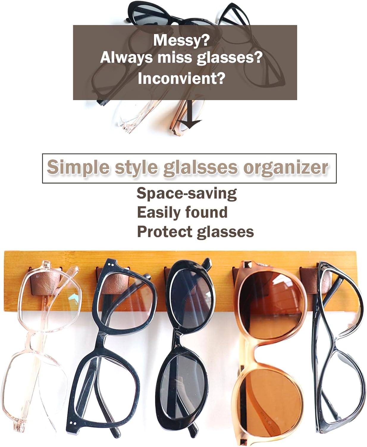 ACOCOFE Organizador de lentes de sol para montaje en pared, soporte de almacenamiento de anteojos de madera, estante para múltiples gafas para
