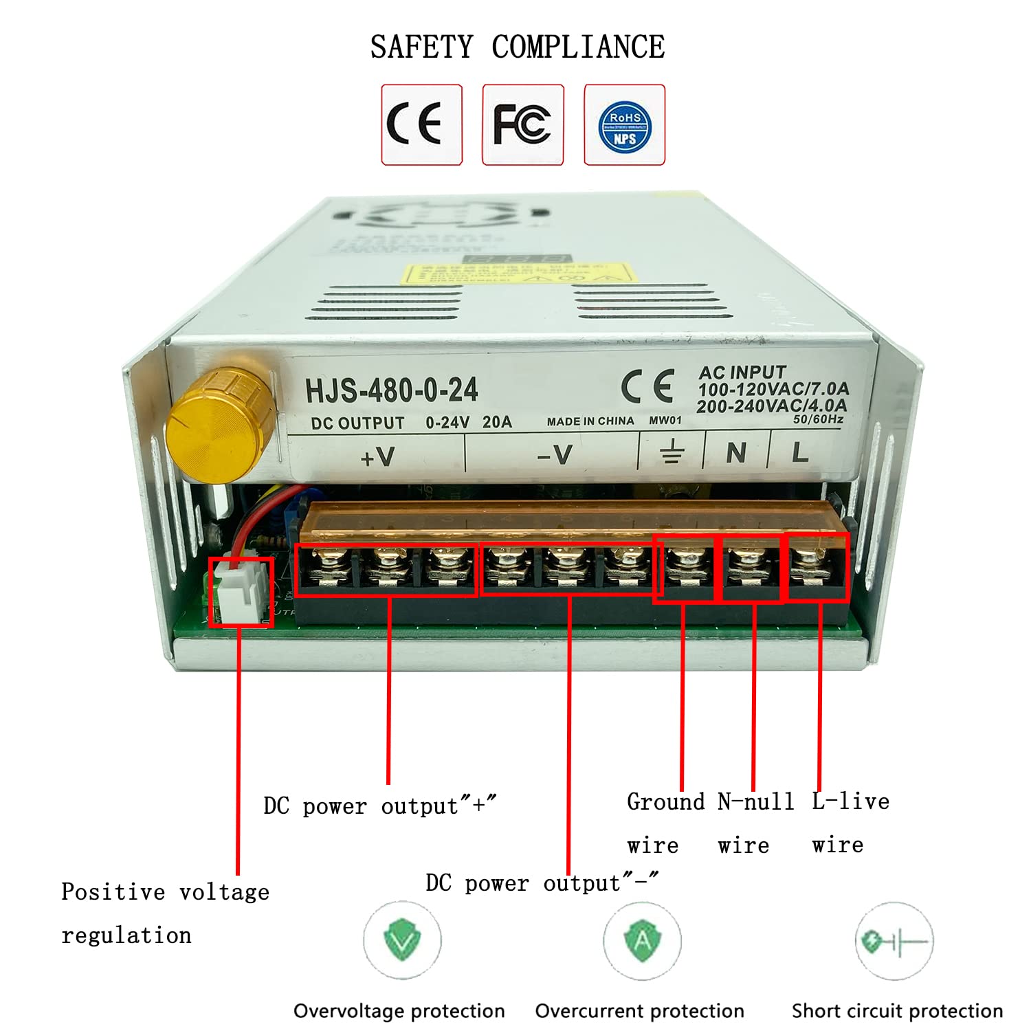 Transformer AC-DC 0-24V ajustable 20A480W pantalla digital de voltaje regulado DC fuente de alimentación de conmutación se adapta al motor de