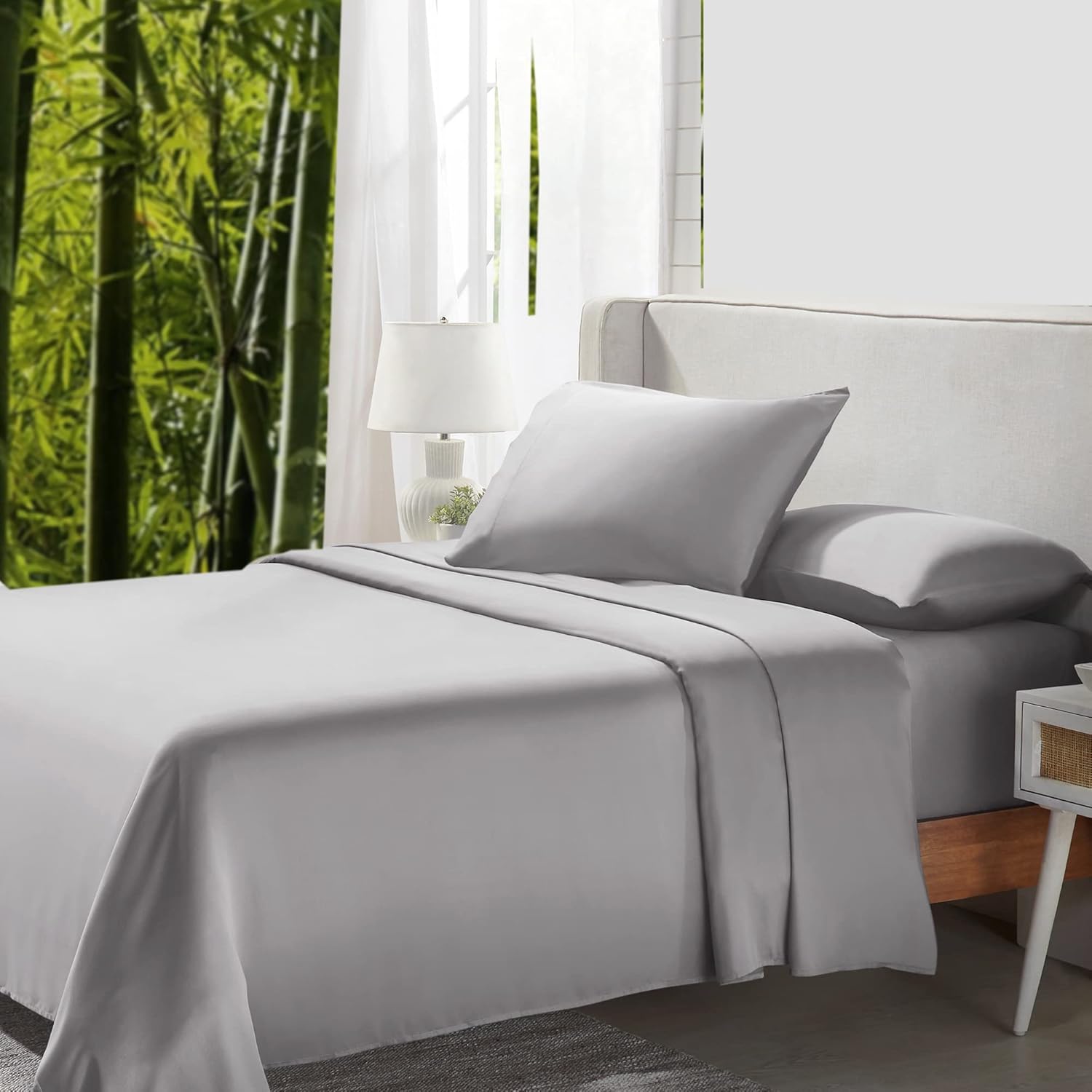 California Design Den Rayón de bambú – Juego de sábanas de 4 piezas, sábanas refrescantes de lujo, sábanas grises para cama de tamaño California