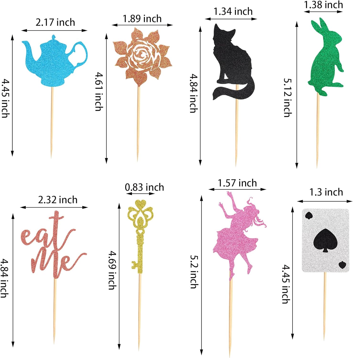 Arthsdite 24 piezas de decoración para cupcakes de Alicia en el país de las maravillas con purpurina, tetera, llave, póquer, conejo, gato, flor,