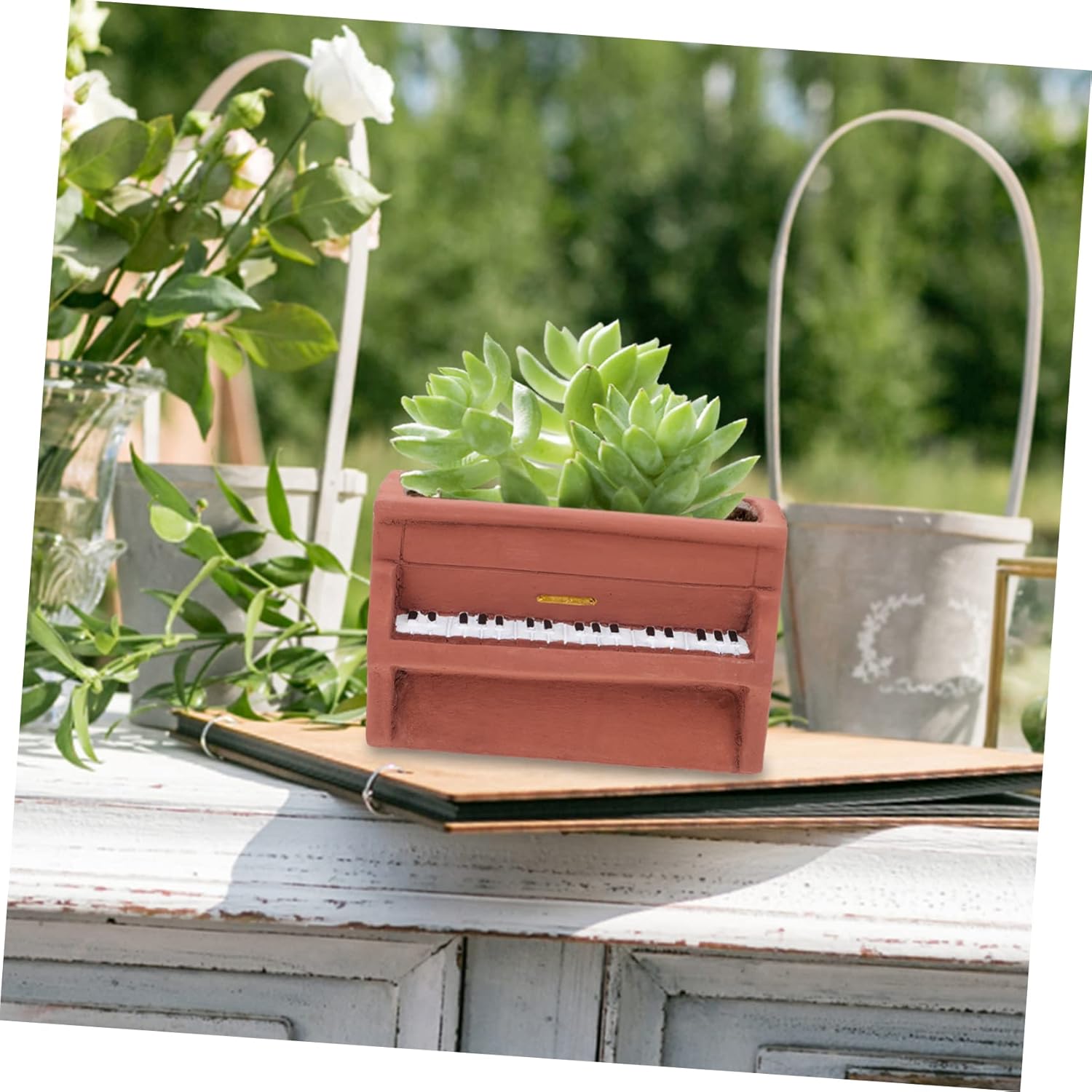NOLITOY Maceta de cemento para piano, maceta en forma de piano, maceta suculenta de cerámica para exteriores, plantas suculentas, plantador,