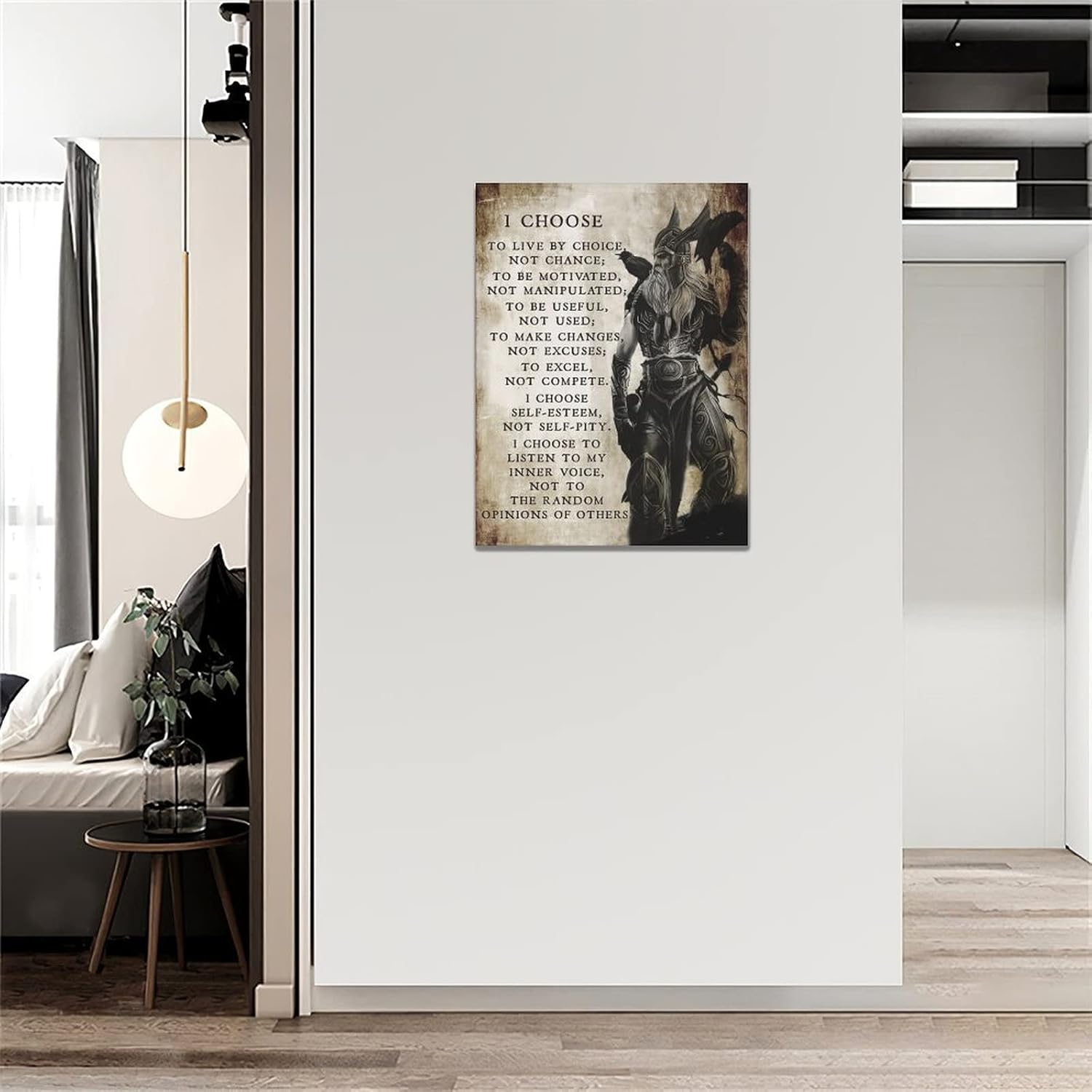 Arte de pared de guerrero vikingo samurái, decoración de pared con texto en inglés “I Choose to Live by Choice” con citas inspiradoras en lienzo,