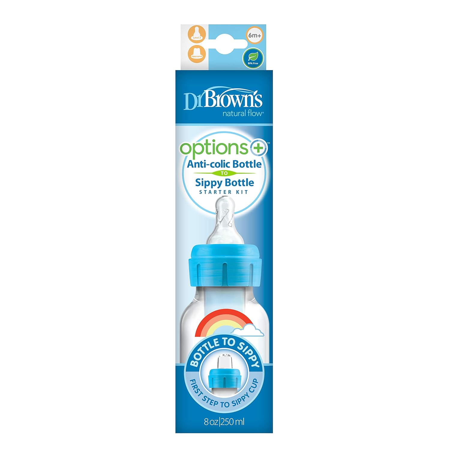 Dr. Brown’s Natural Flow Anti-Colic Options+ – Kit de inicio de botella para sorber estrecho, 8 onzas, con boquilla de flujo medio rápido nivel 3 y
