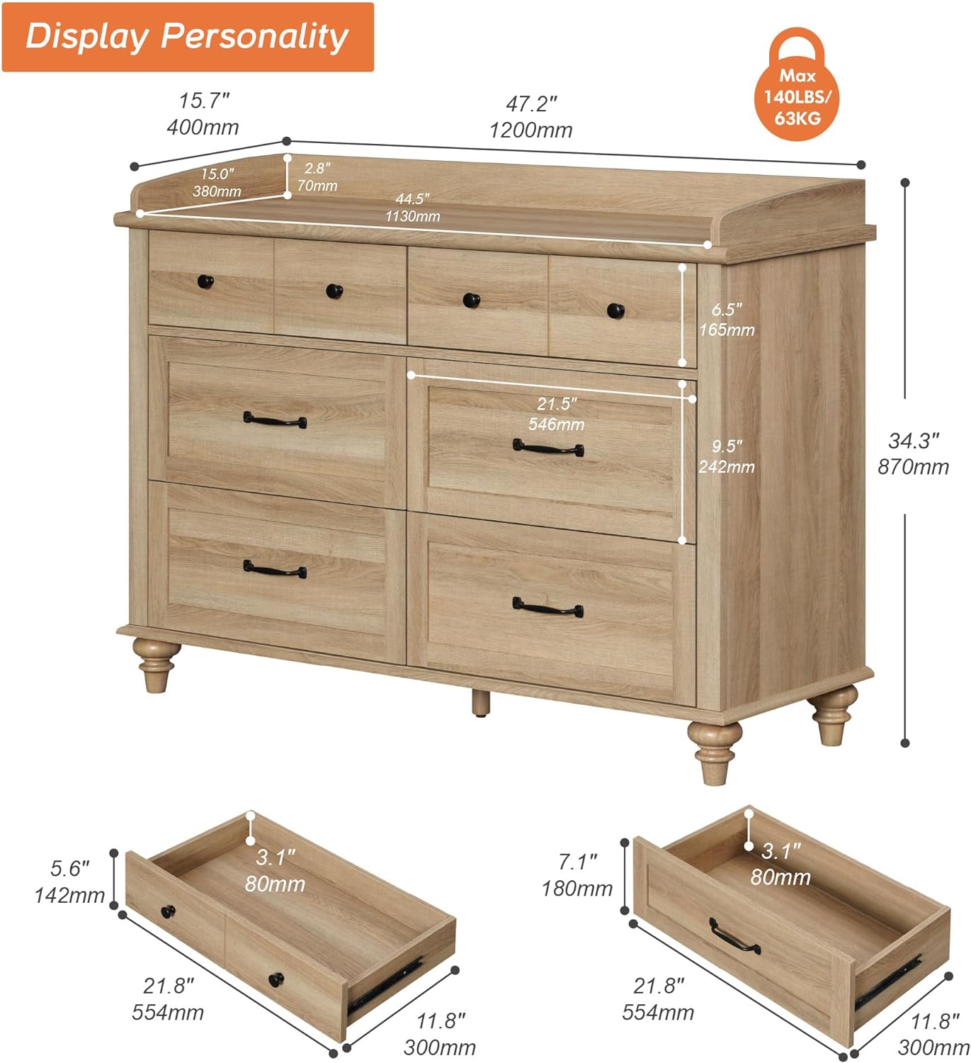 WAMPAT Cómoda para dormitorio con 6 cajones, cómoda de roble para bebé con cómoda ancha, organizador moderno de almacenamiento de armario para