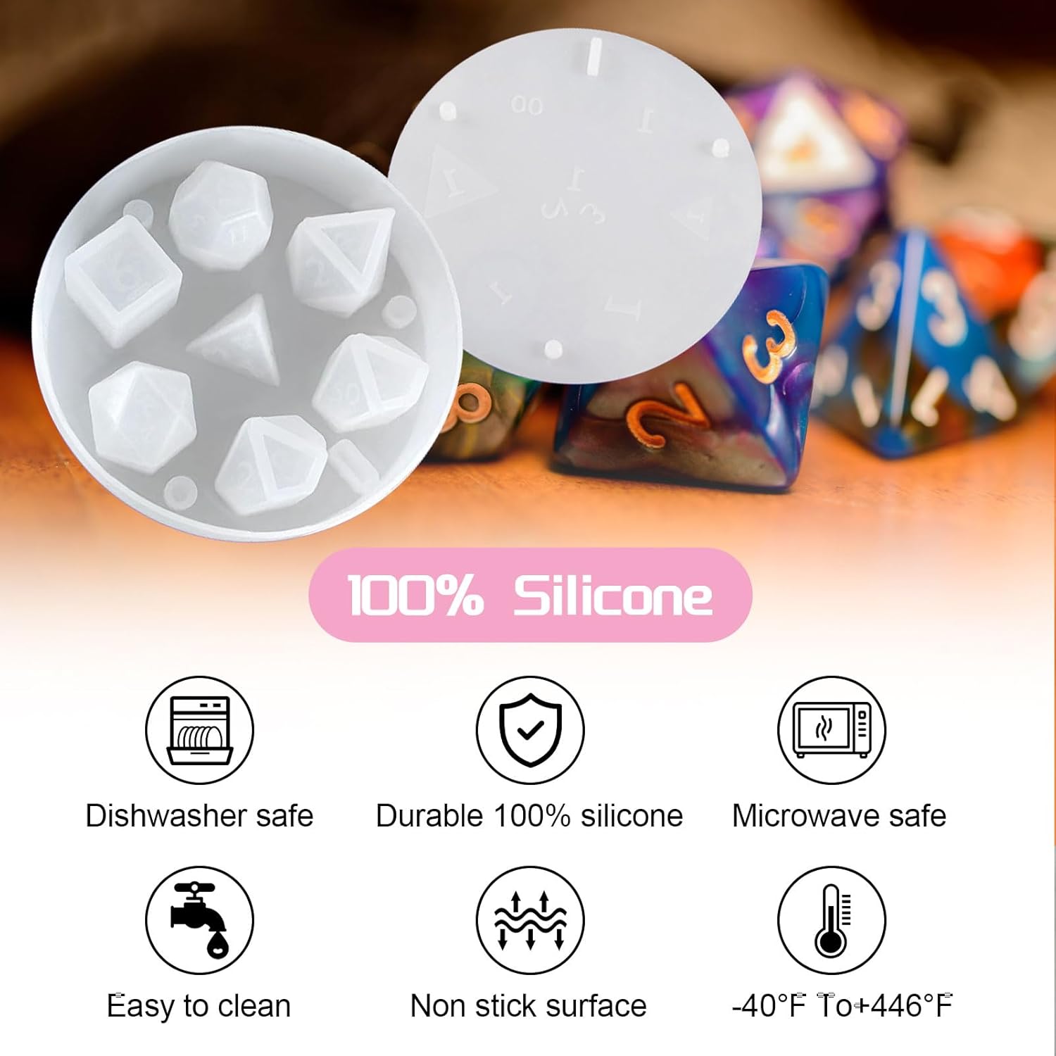 Moldes de dados para dados de resina epoxi, molde de resina de dados DND integrado con 7 cavidades de dados poliédricos estándar de borde afilado,