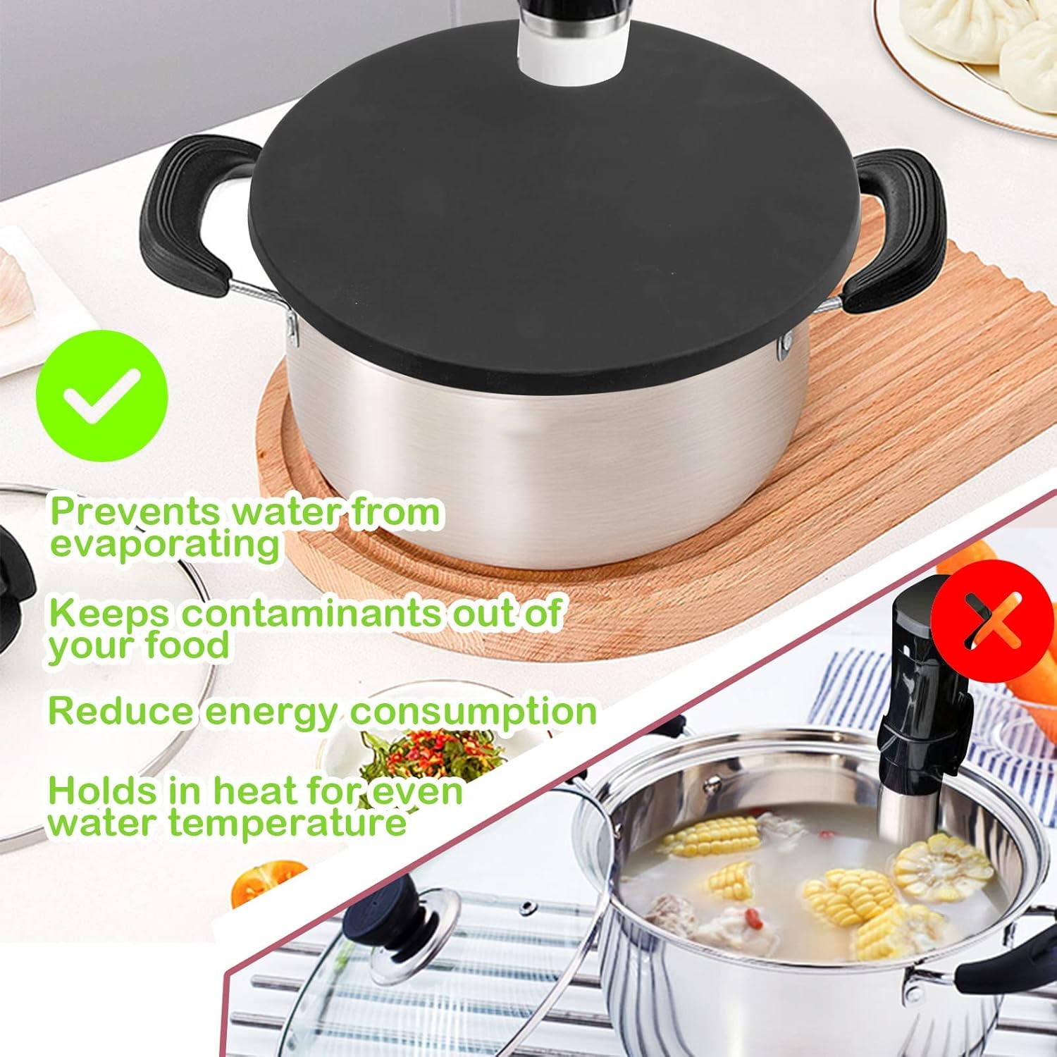 Sous Vacuum and Vide Lid Cooking Sous Vacuum and Vide Cooker Se adapta a ollas de hasta 10.5 pulgadas, evita la evaporación del agua y conserva el