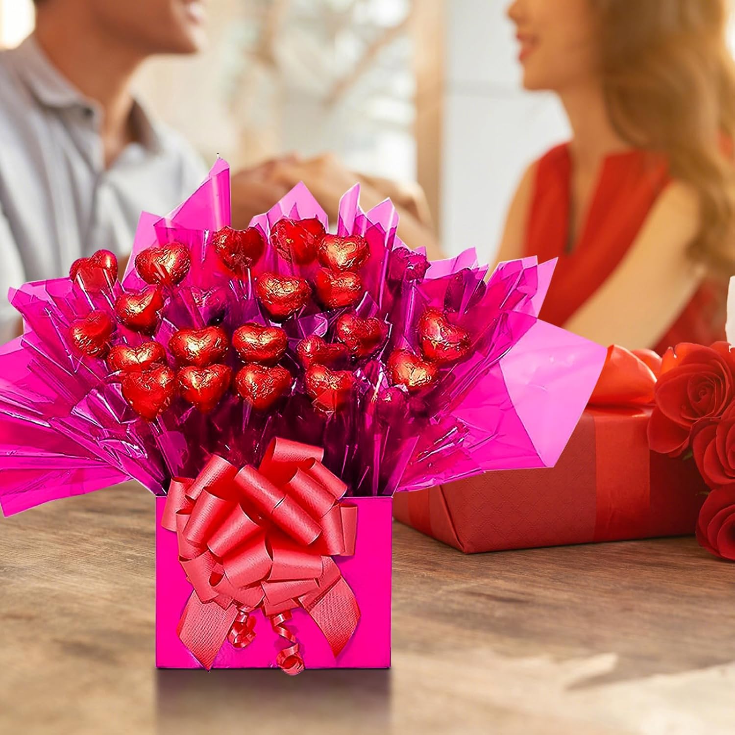 HiloPack Rollo de celofán para el día de San Valentín para cestas de regalo, papel de regalo de celofán rosa extra grande de 3 mil, 34 pulgadas