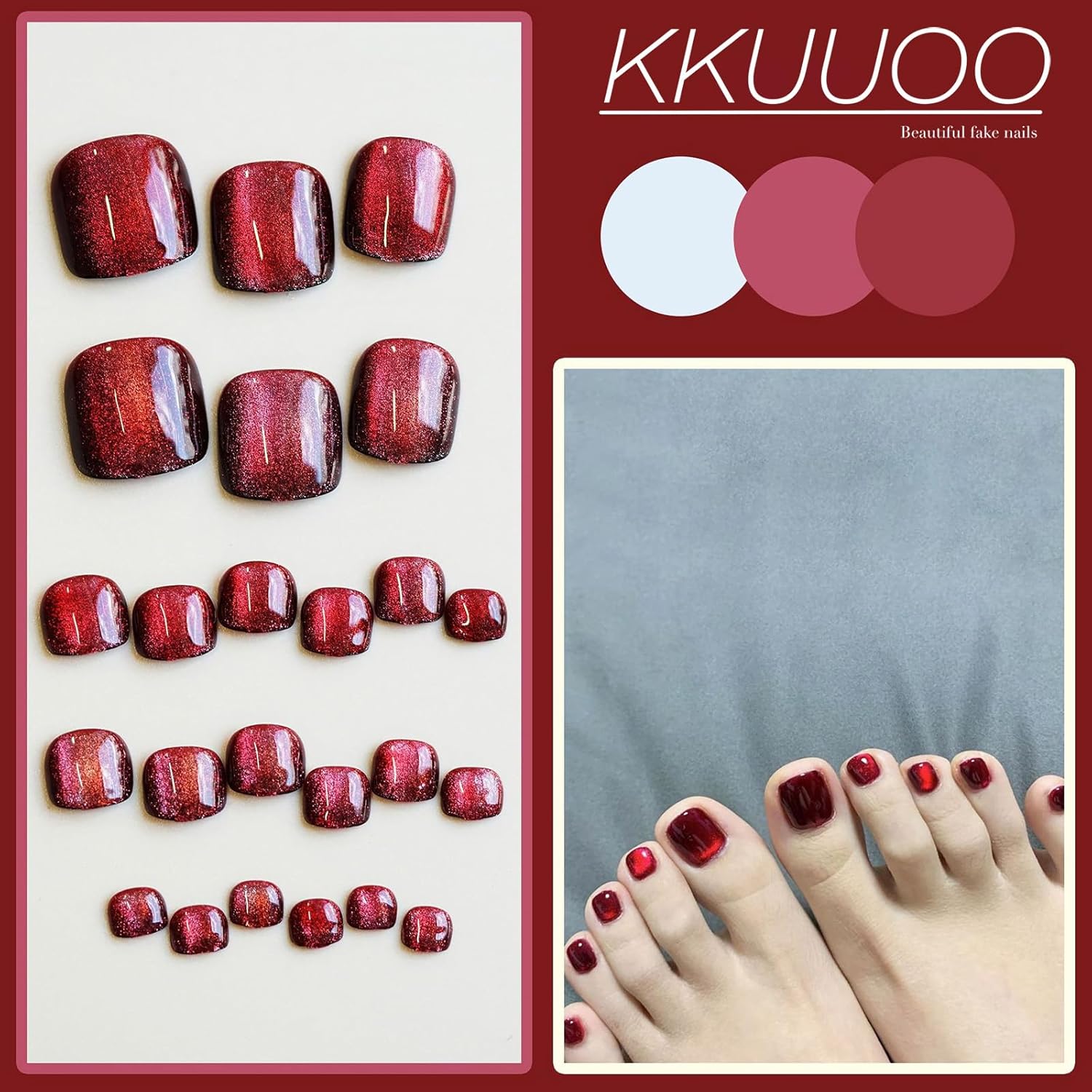 Uñas postizas hechas a mano, color rojo vino, uñas postizas cuadradas cortas con diseño de cobertura completa, acrílicas, lindas uñas de verano, 24