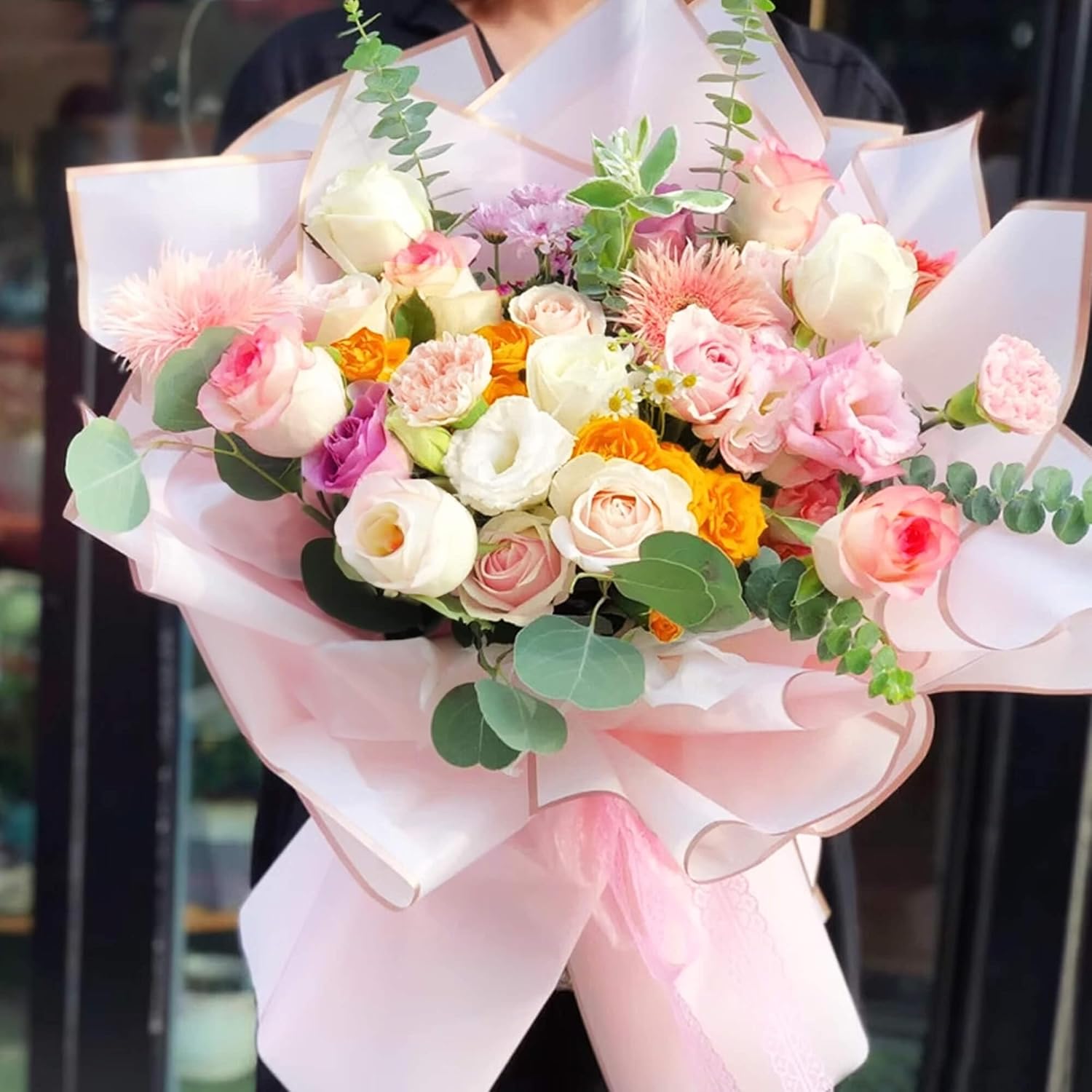 JOYIT 60 hojas de papel de regalo de flores rosadas, papel de regalo de ramo de flores con cinta y tarjetas, papel de flores impermeable para bodas,