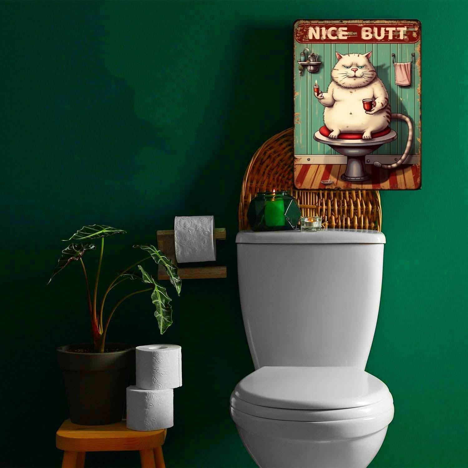 Cartel de metal vintage con texto en inglés “Nice Butt”, diseño de gato gordo blanco para decoración de baño, 12 x 8 pulgadas