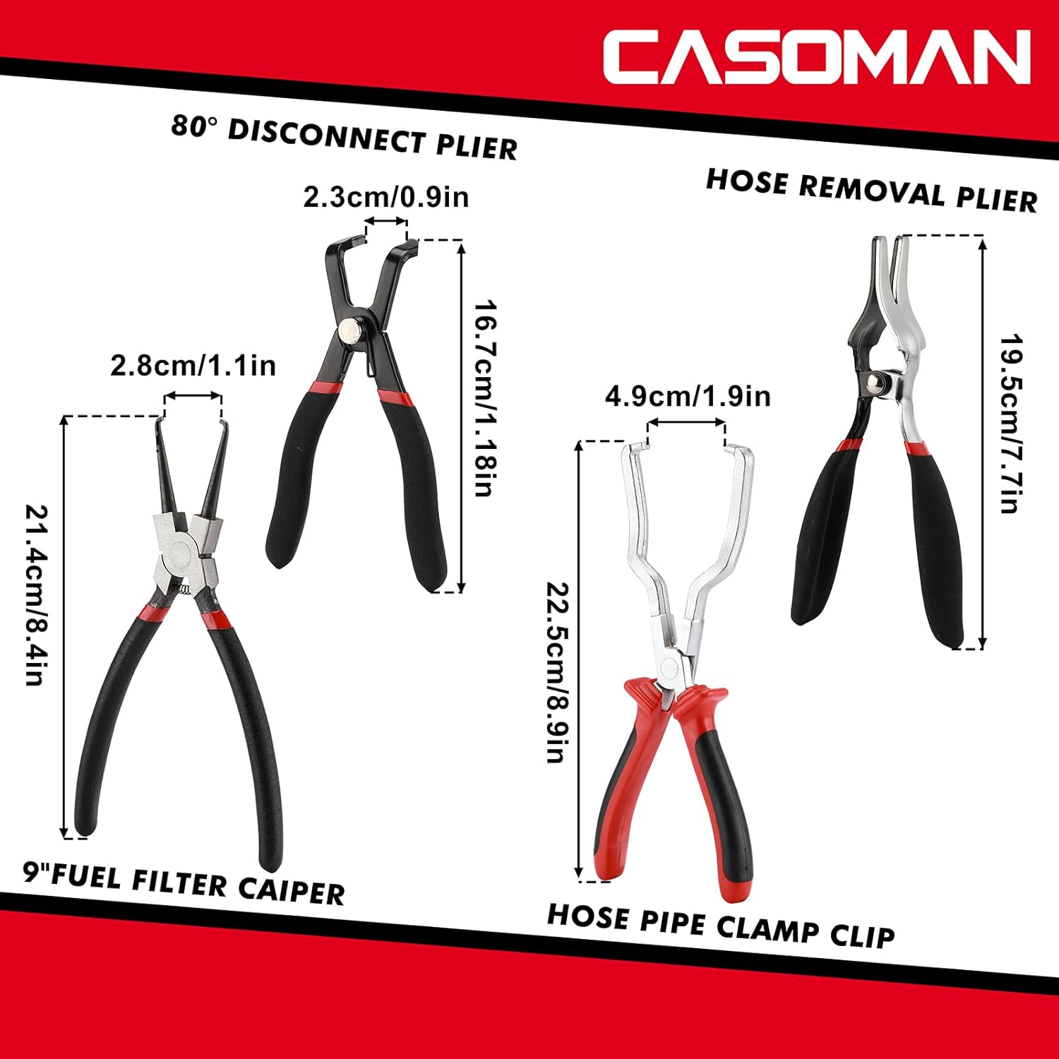 CASOMAN Juego de 4 alicates para línea de combustible, alicates para quitar mangueras, pinza de filtro de combustible de 9 pulgadas, clip de