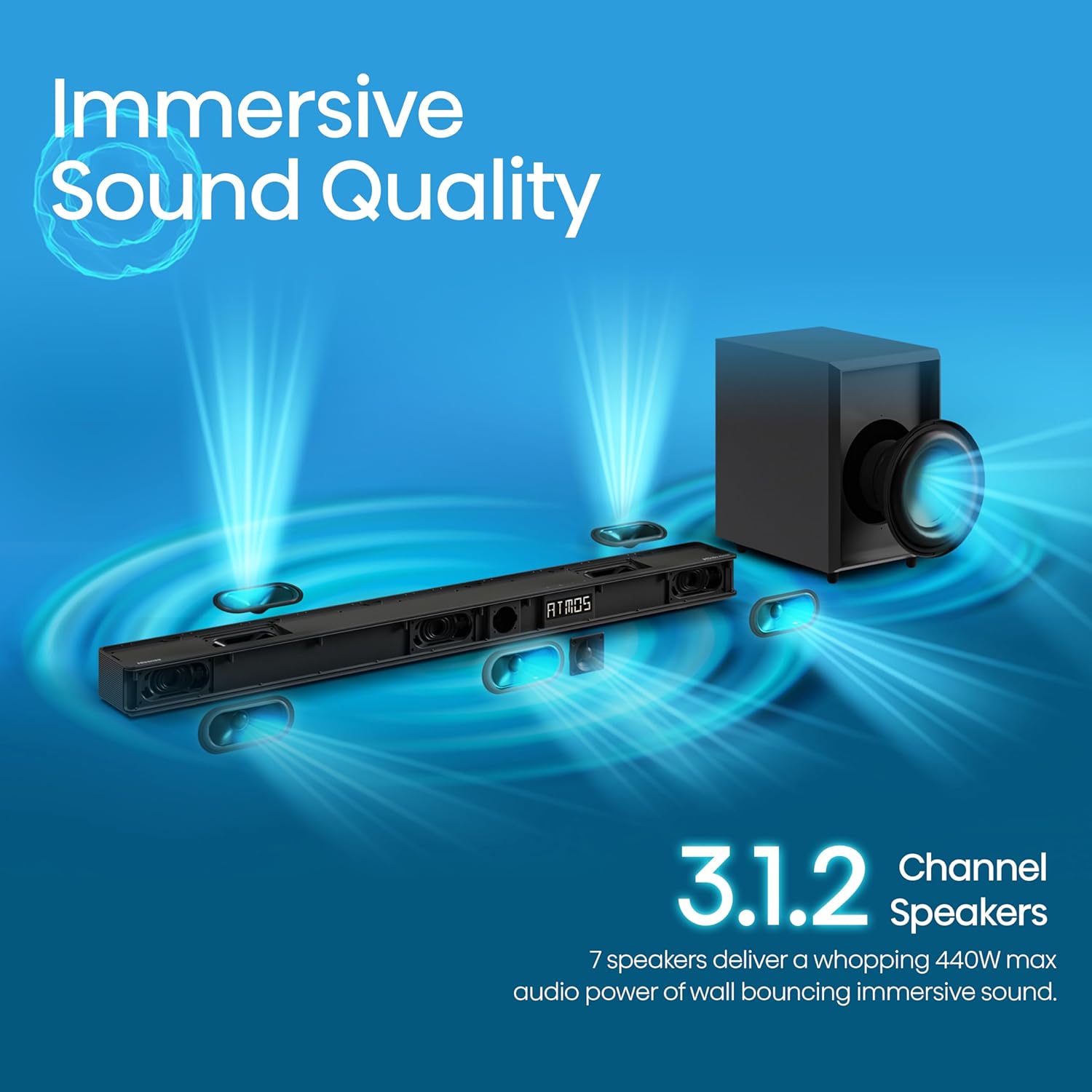 Hisense AX3125H Barra de sonido 3.1.2Ch con subwoofer inalámbrico, 440W, Dolby Atmos, Bluetooth 5.3, EzPlay, paso HDMI 4K a través de, listo para TV