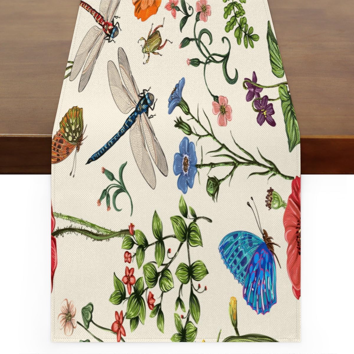 Table Runner Flower Butterfly Dragonfly, Rustic Linen Table Cloth for Farmhouse Kitchen, Dinner, Events, Party, Holiday Table Decor 13 x 36 Inches
