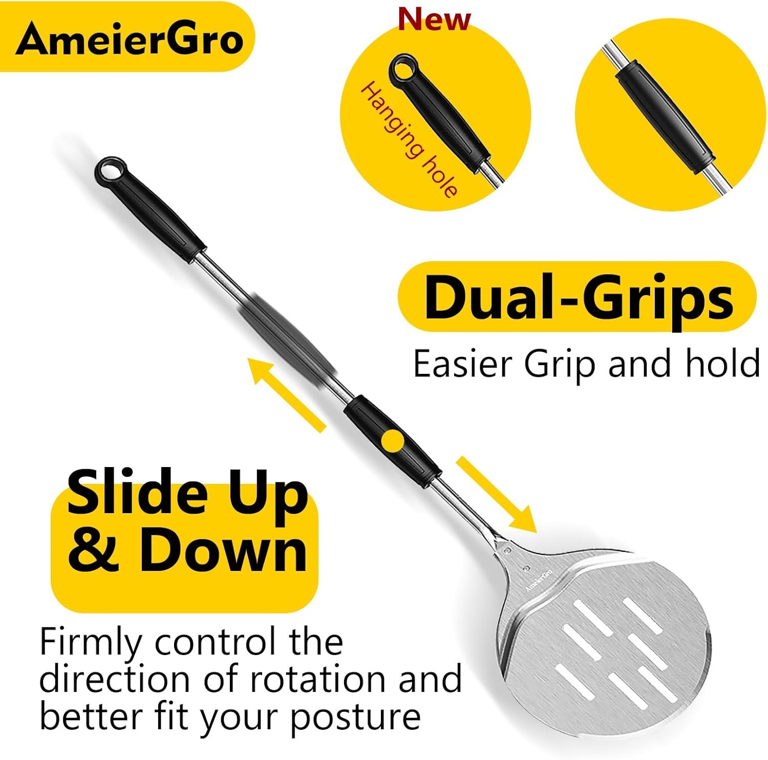 AmeierGro Pala giratoria y giradora de pizza de 9 pulgadas, accesorios para horno de pizza, cucharas giratorias de pizza Pala con mango extensible