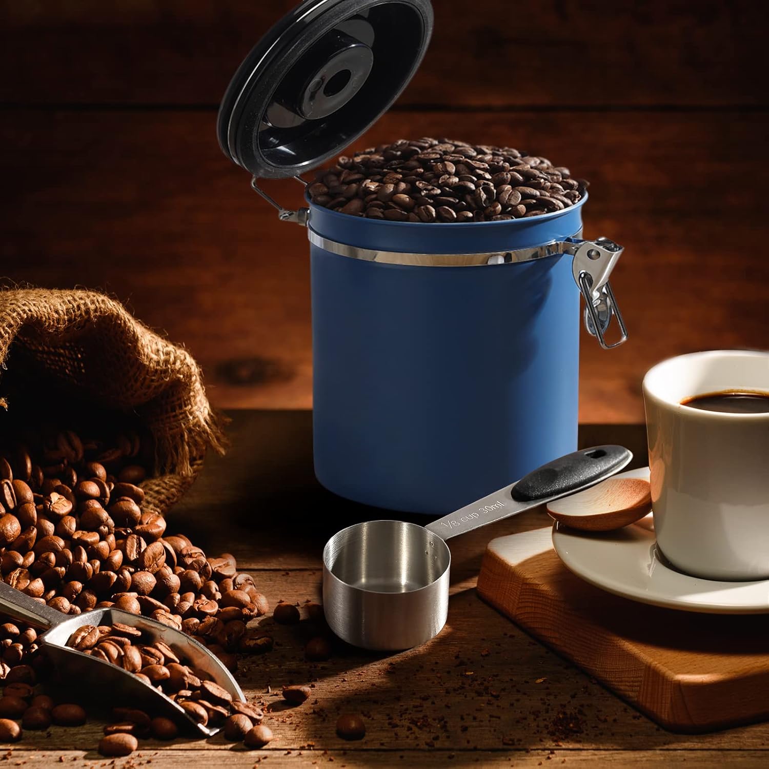 ShanSon Recipiente hermético de café de acero inoxidable con válvula de liberación de CO2 y recipiente de café para granos, molidos, azúcar, harina,