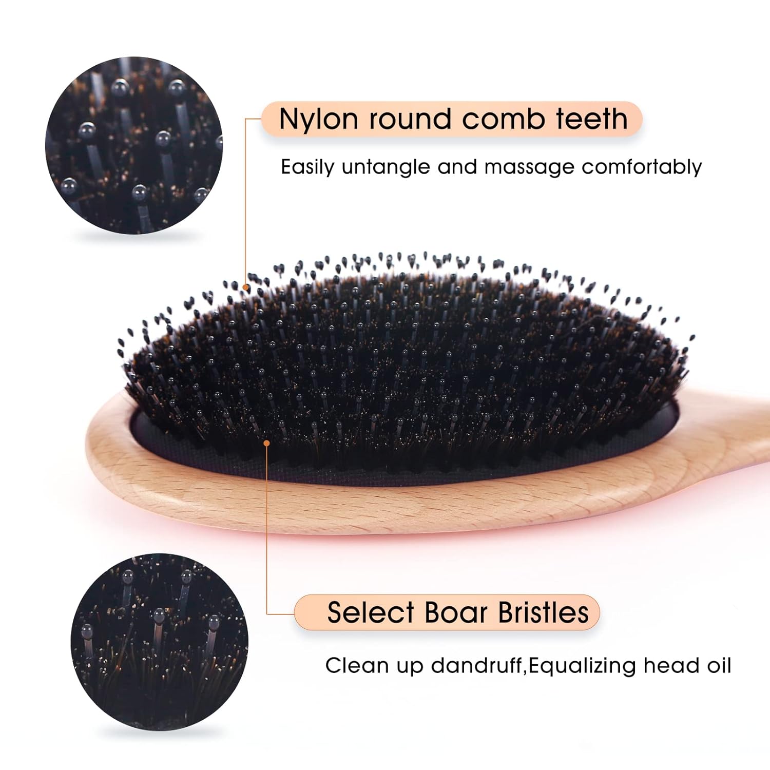 -Cepillo para el cabello – Juego de cepillos de pelo de cerdas de nailon (grande)- Cepillo de cerdas naturales suaves, antiestático, fácil de