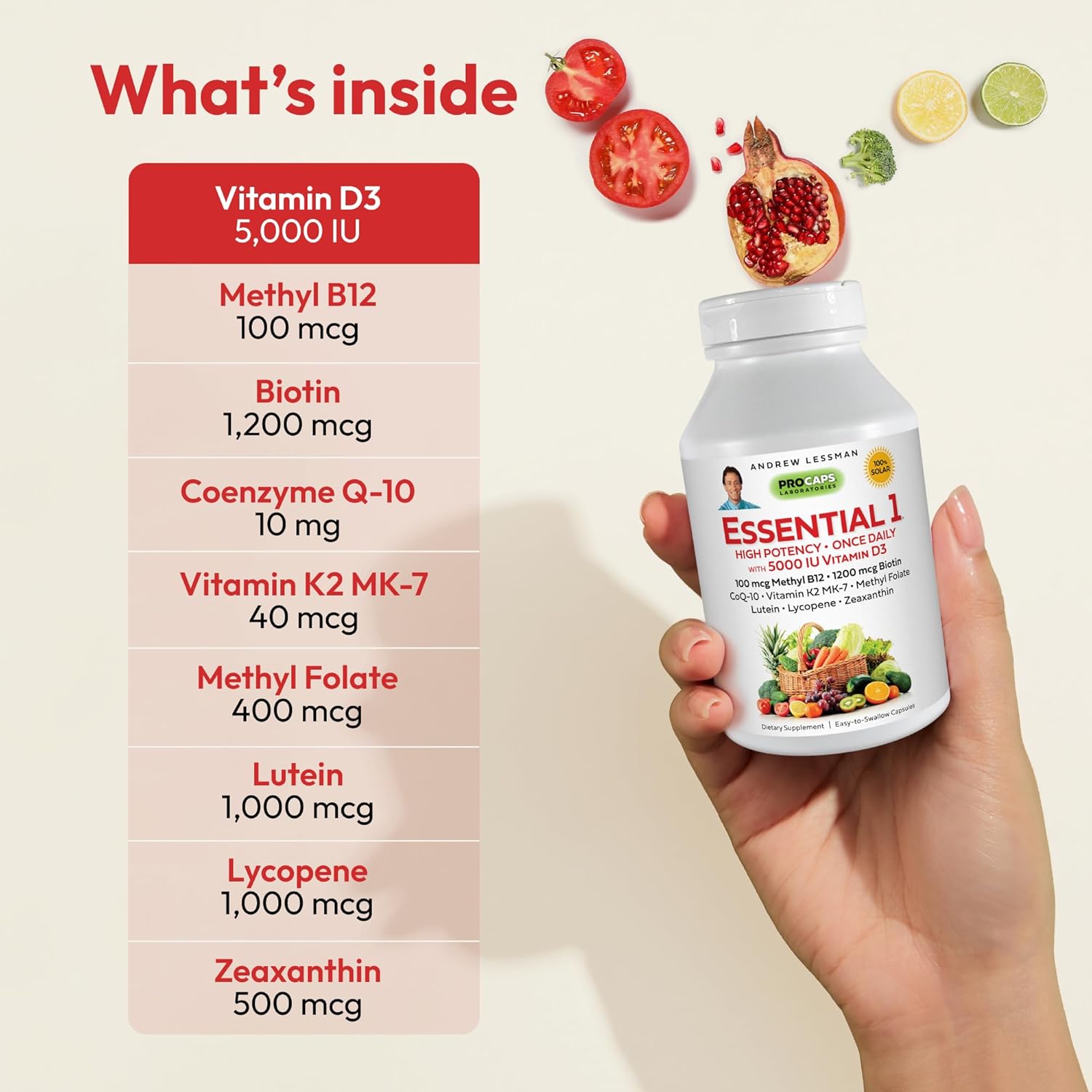 ANDREW LESSMAN Essential-1 Multivitamínico 5000 UI Vitamina D3 60 Cápsulas Pequeñas  100 mcg de Metil B12. Luteína Licopeno Zeaxantina CoQ10. Alta