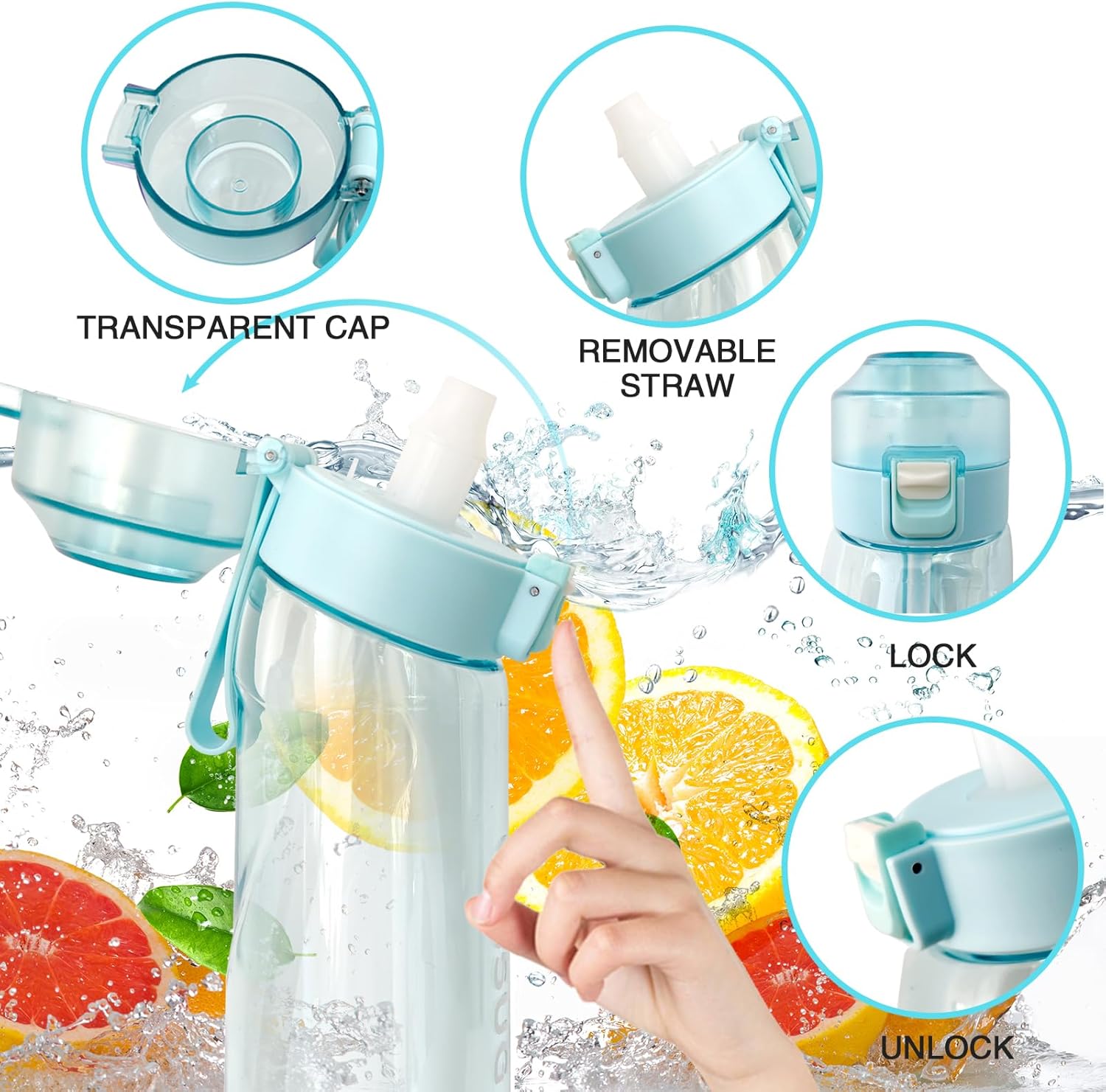 Botella de agua de aire, botella de agua con fragancia de fruta de 25.1 onzas fluidas con cápsulas de sabor al aire, taza de agua de 0% azúcar con