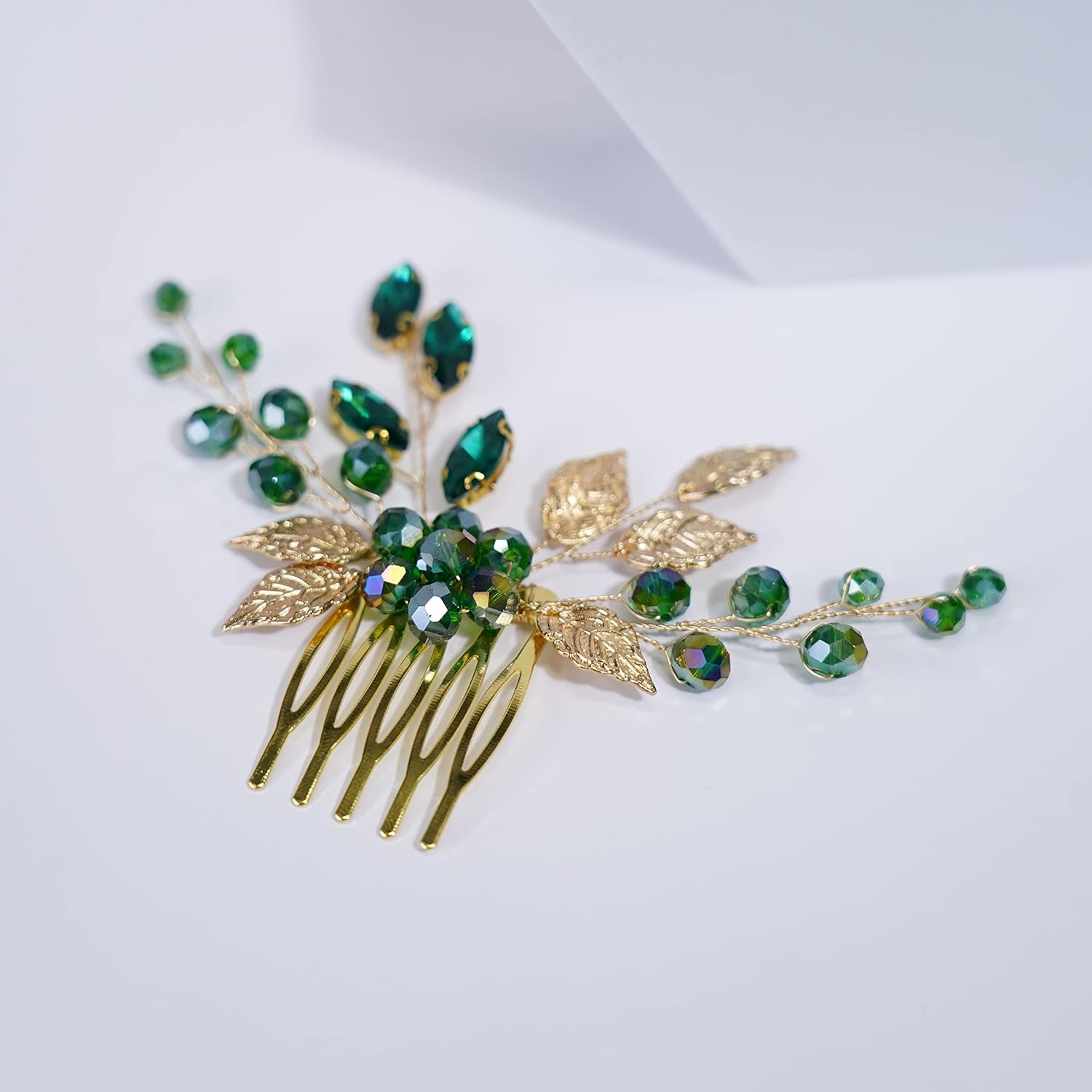 Teyglen Peines de pelo dorados para boda, con diamantes de imitación de flores verdes, peine lateral de cristal, vintage, hojas de cristal,