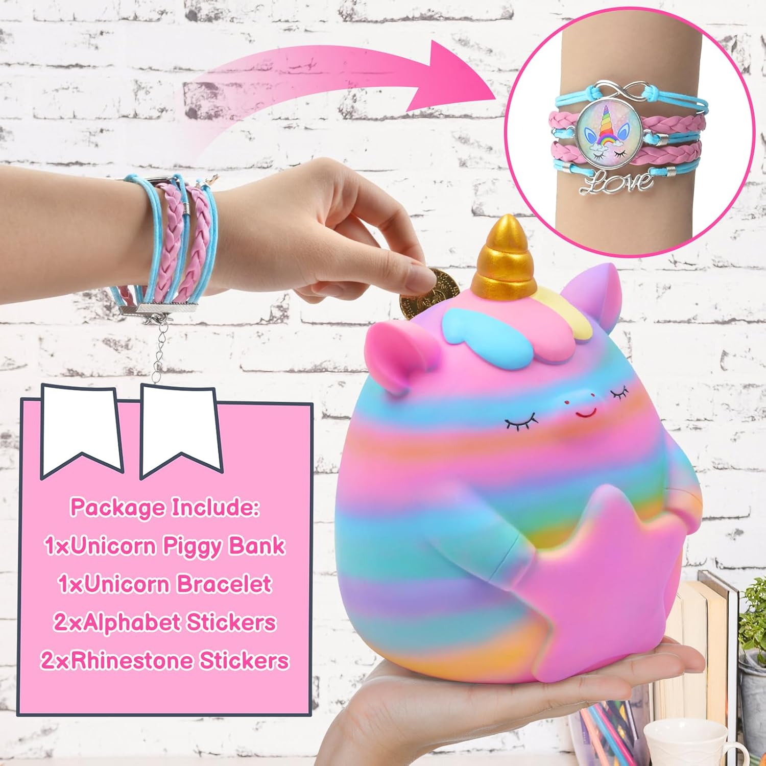 Alcancía de unicornio para niñas, bonita alcancía irrompible de resina con calcomanías y pulsera, juego de pulseras para niños pequeños, regalo de