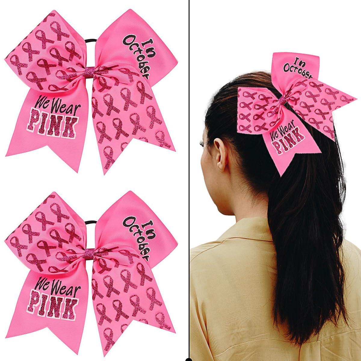 Lazos para el pelo de concientización sobre el cáncer de mama, lazos de animación con purpurina rosa para animadoras de 7 pulgadas, soportes para
