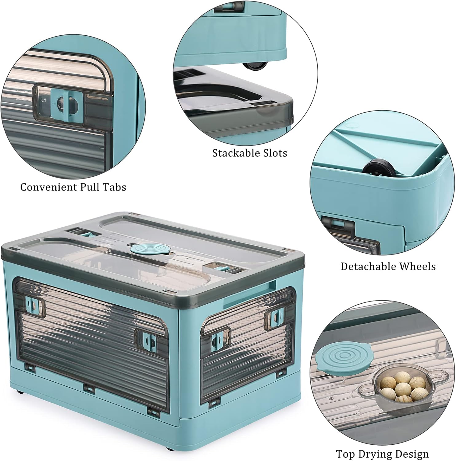 BTSKY Paquete de 2 contenedores plegables de plástico transparente de 4 puertas con tapa y ruedas de 20 litros, caja de almacenamiento plegable