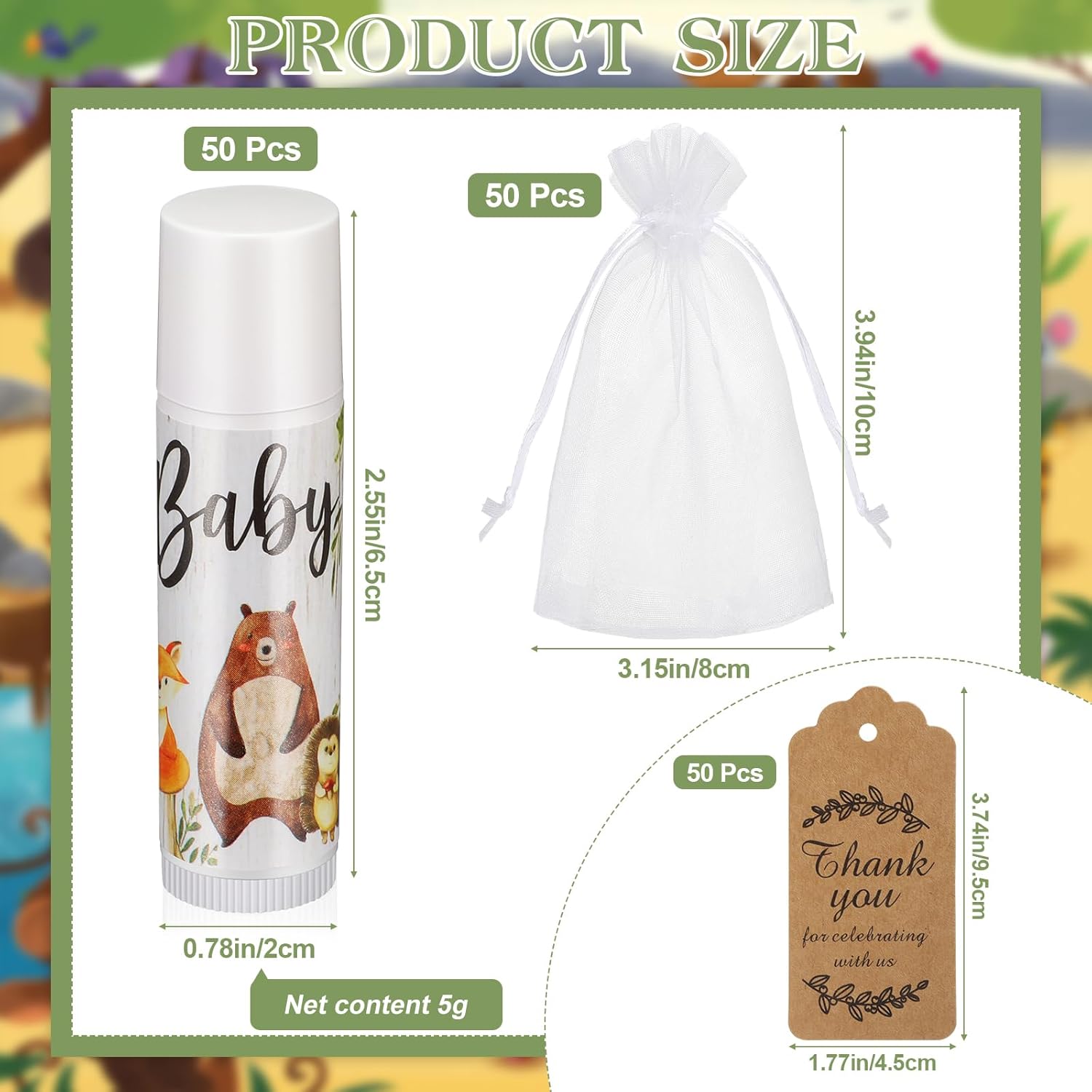 Fumete Paquete de 50 bálsamos labiales a granel de animales del bosque, regalos de fiesta de baby shower, regalos para invitados, niños y niñas,