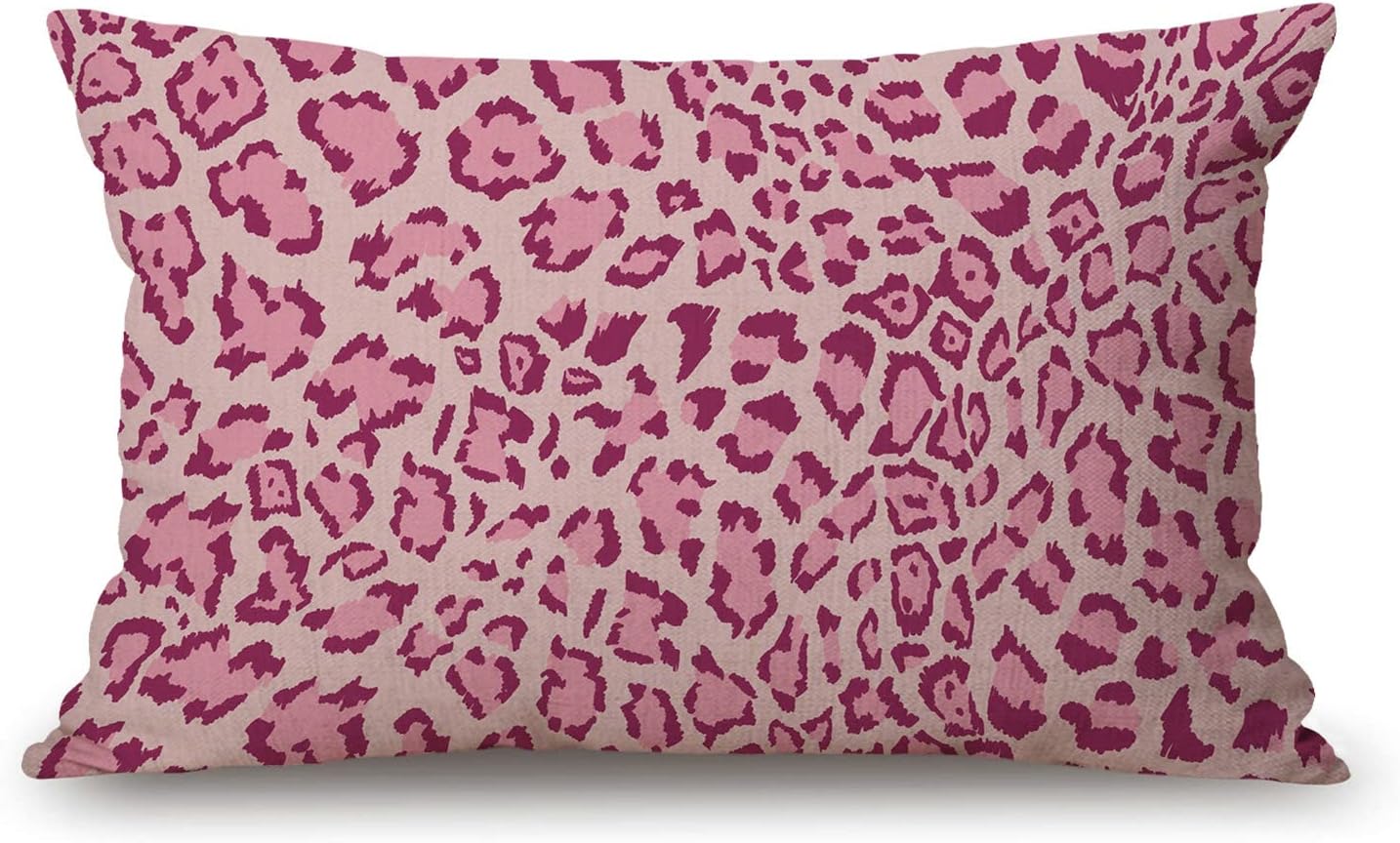 Funda de cojín decorativa de lino y algodón con estampado de leopardo rosa para sofá, cama, 12 x 20 pulgadas
