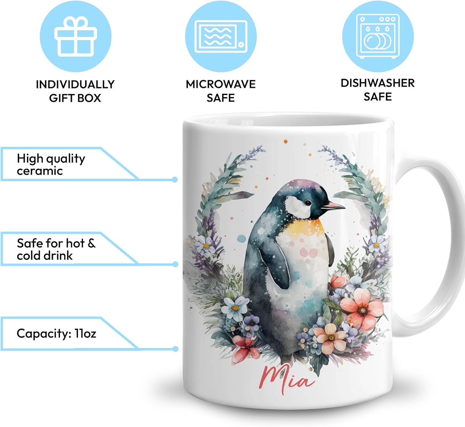 Hyturtle Taza personalizada de pingüino, regalos para niñas, hombres y mujeres, regalos de cumpleaños para amantes de los pingüinos, regalos de