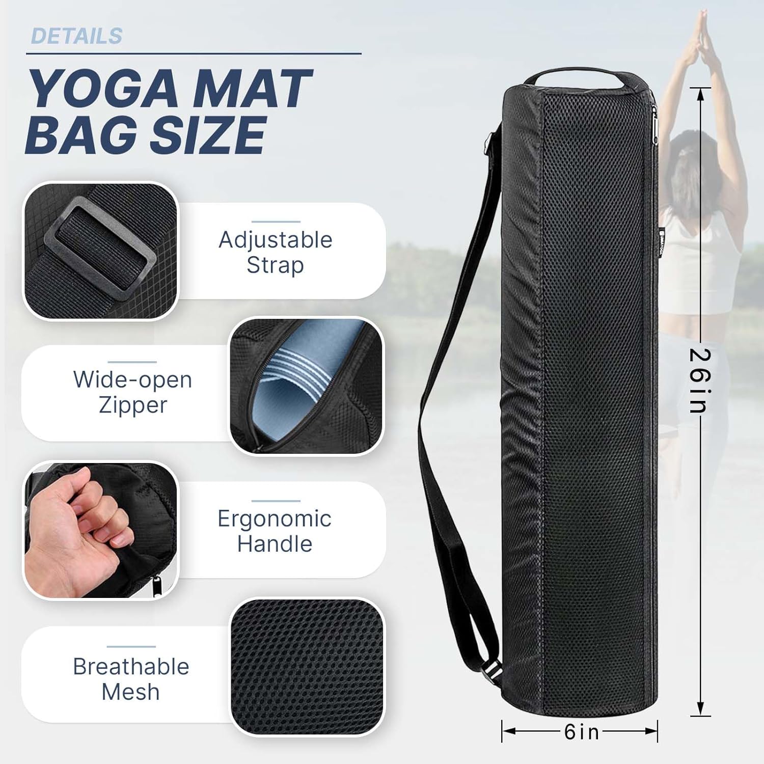 Yoga Mat Bag with Strap 14-inch Yoga Mat Holder Exercise Yoga Mat Carrier for Women