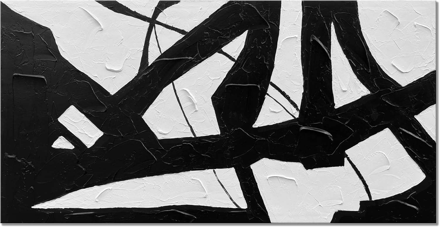 zoinart Lienzo pintado a mano en blanco y negro, 48 x 24 pulgadas, pinturas al óleo modernas, abstractas y modernas, arte de pared con textura