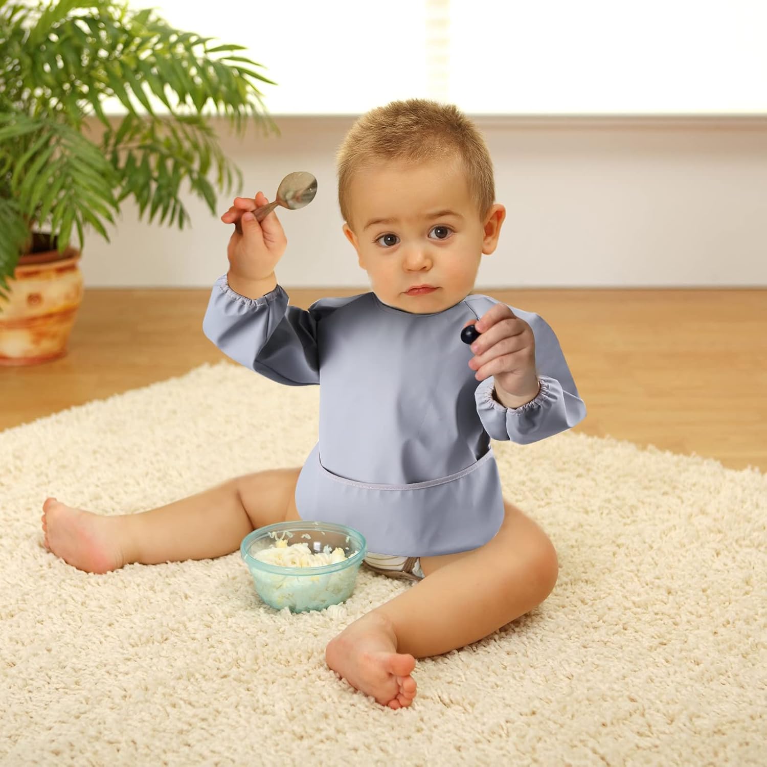 SPINFOX Paquete de 2 baberos impermeables para bebé, baberos para comer con bolsillo para atrapar alimentos, babero suave a prueba de desorden para