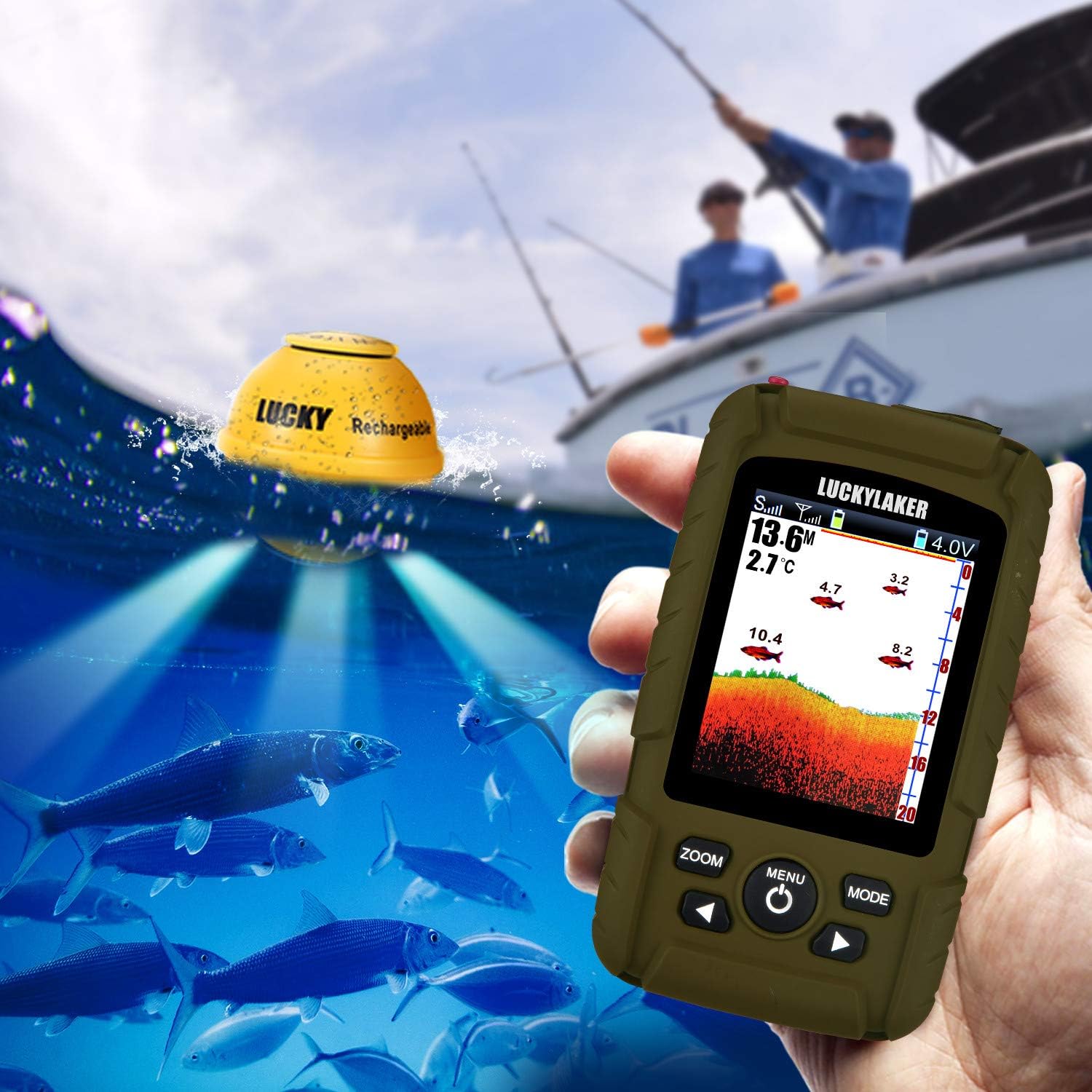 LUCKY Buscador de peces inalámbrico de mano para barco, transductor con cable, sensor sonar, impermeable, portátil, buscadores de profundidad para