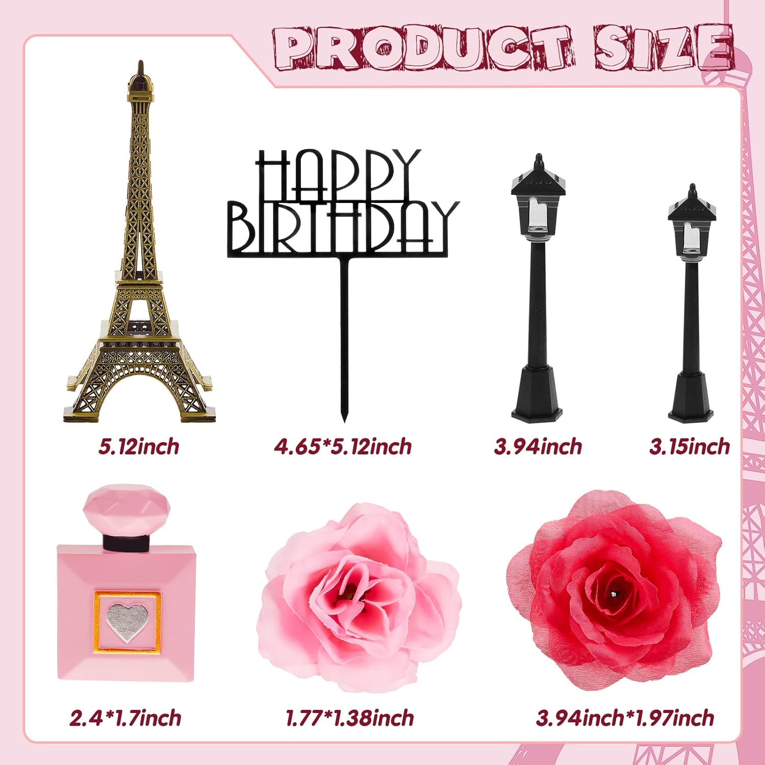 8 piezas de decoración de pastel de París Torre Eiffel con decoración de pastel de feliz cumpleaños, lámpara de calle, torre Eiffel de 7 pulgadas,