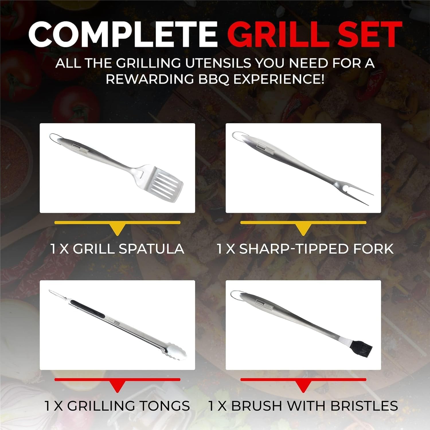 Juego de herramientas para barbacoa con pinzas, espátula, tenedores, cepillo, kit de parrilla de acero inoxidable para parrilla, accesorios